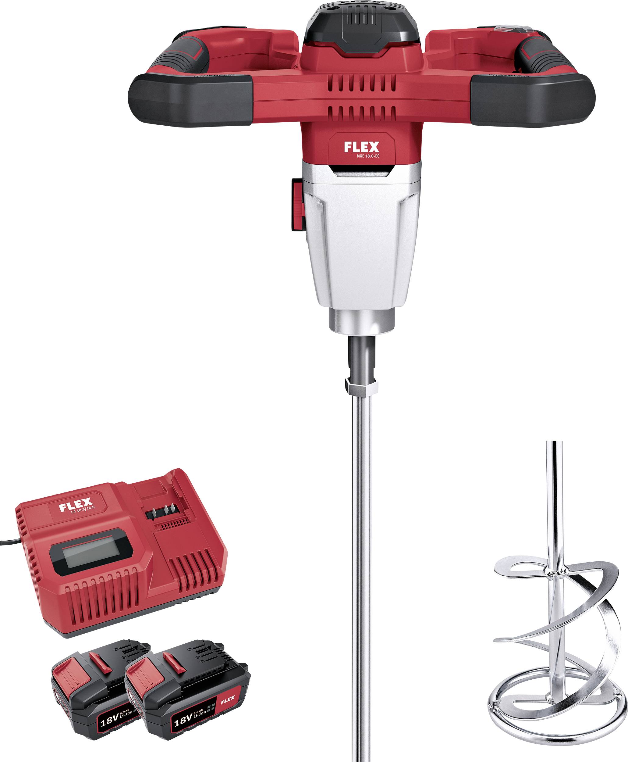 A red and silver mixer with two batteries and a charger, suitable for mixing construction or renovation materials.