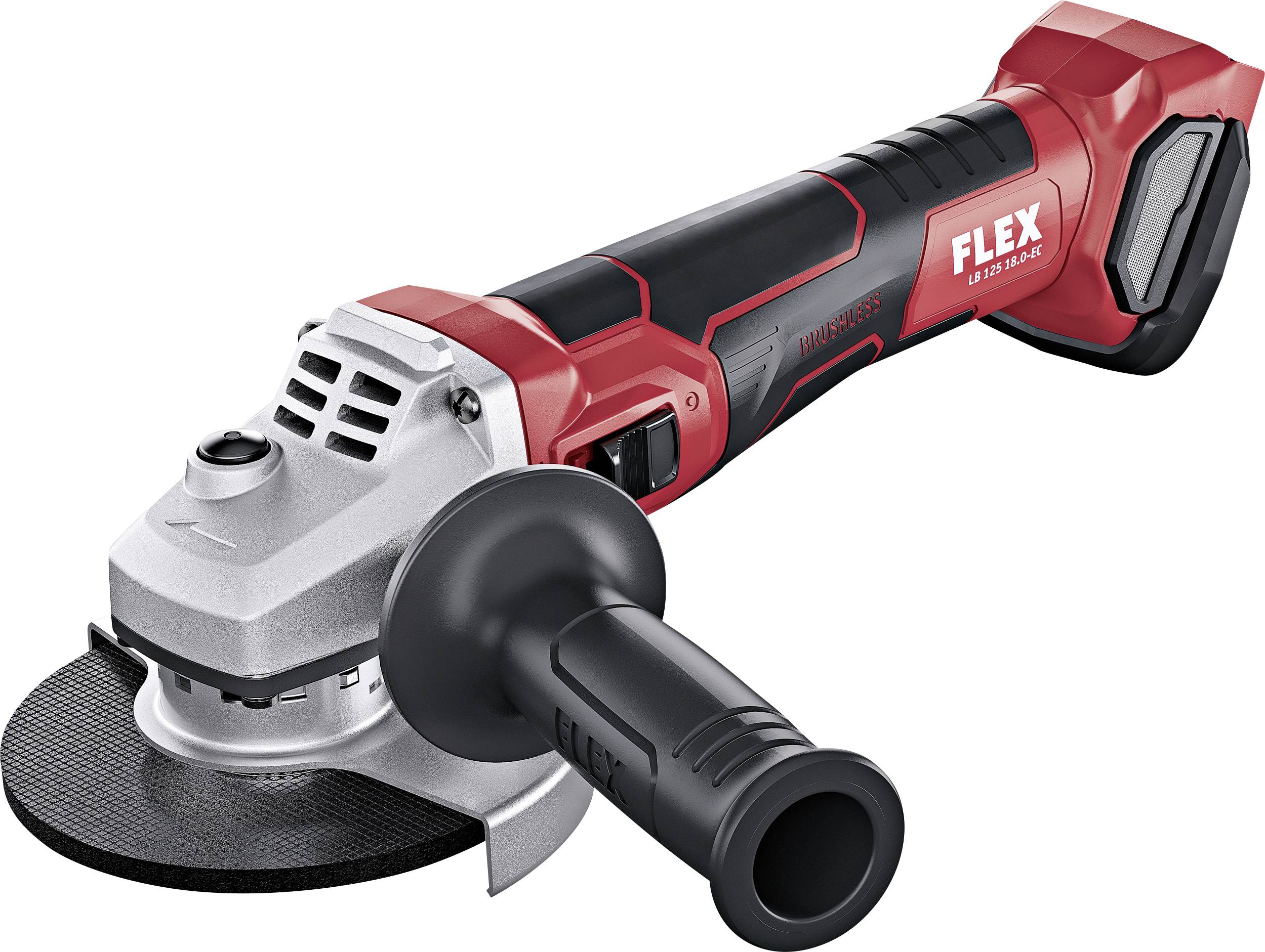 Cordless angle grinder with red and black housing, side handle, and grinding disc. Marked with 'FLEX'.