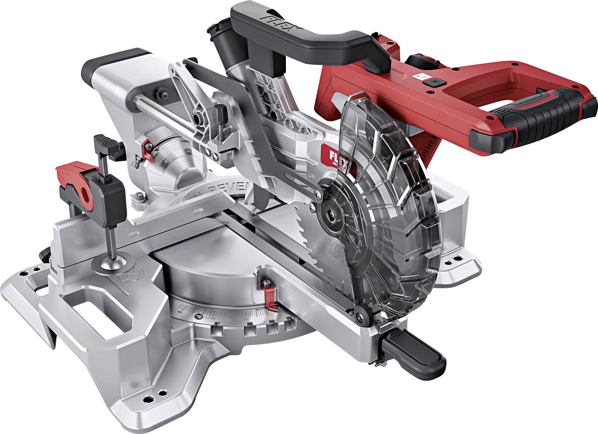 Mitre saw with grey and red design. Adjustable saw blades and laser guidance for precise woodworking.