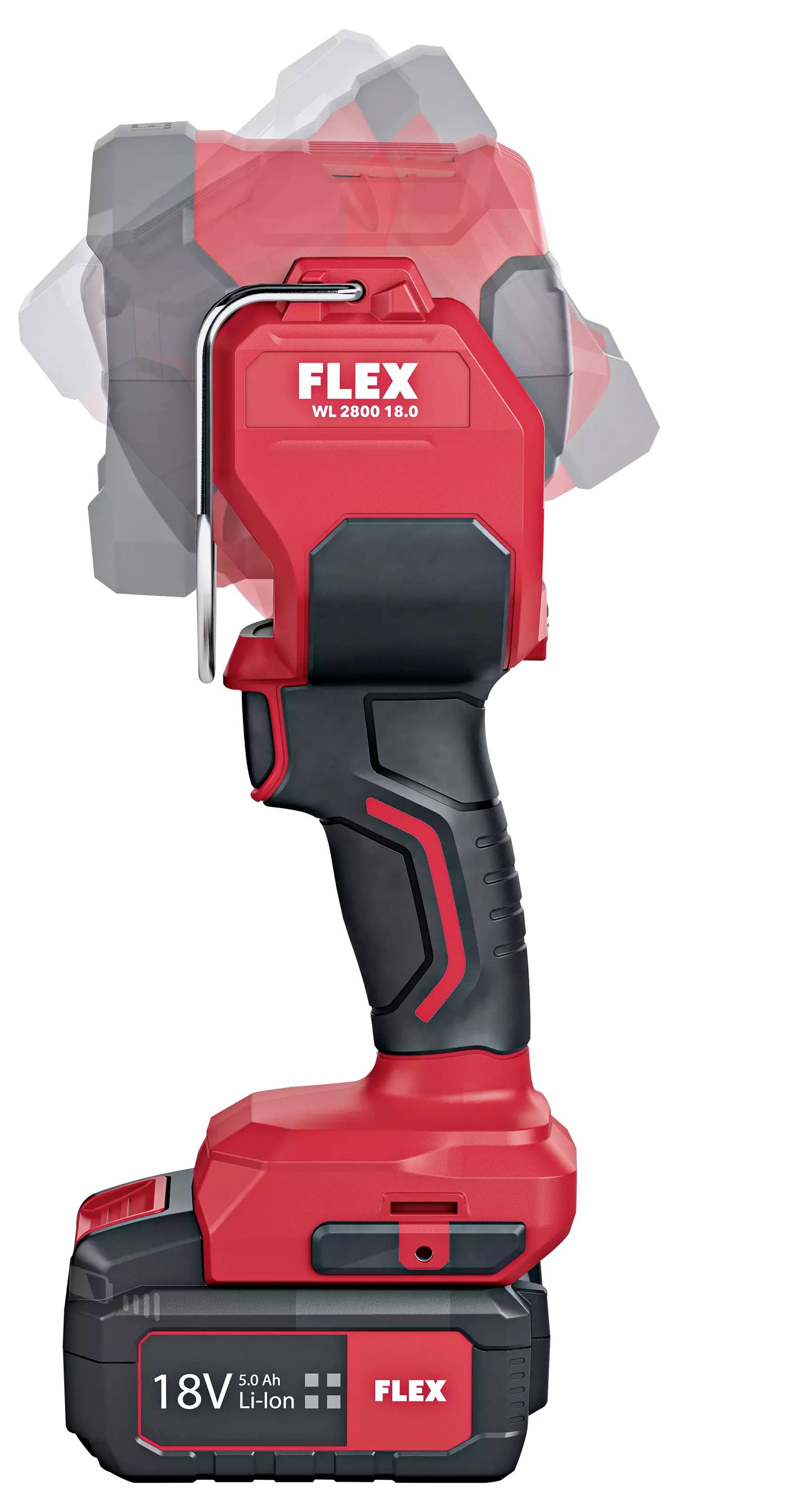 Cordless red hand lamp with adjustable head, 'FLEX' labelling and 18V lithium battery.