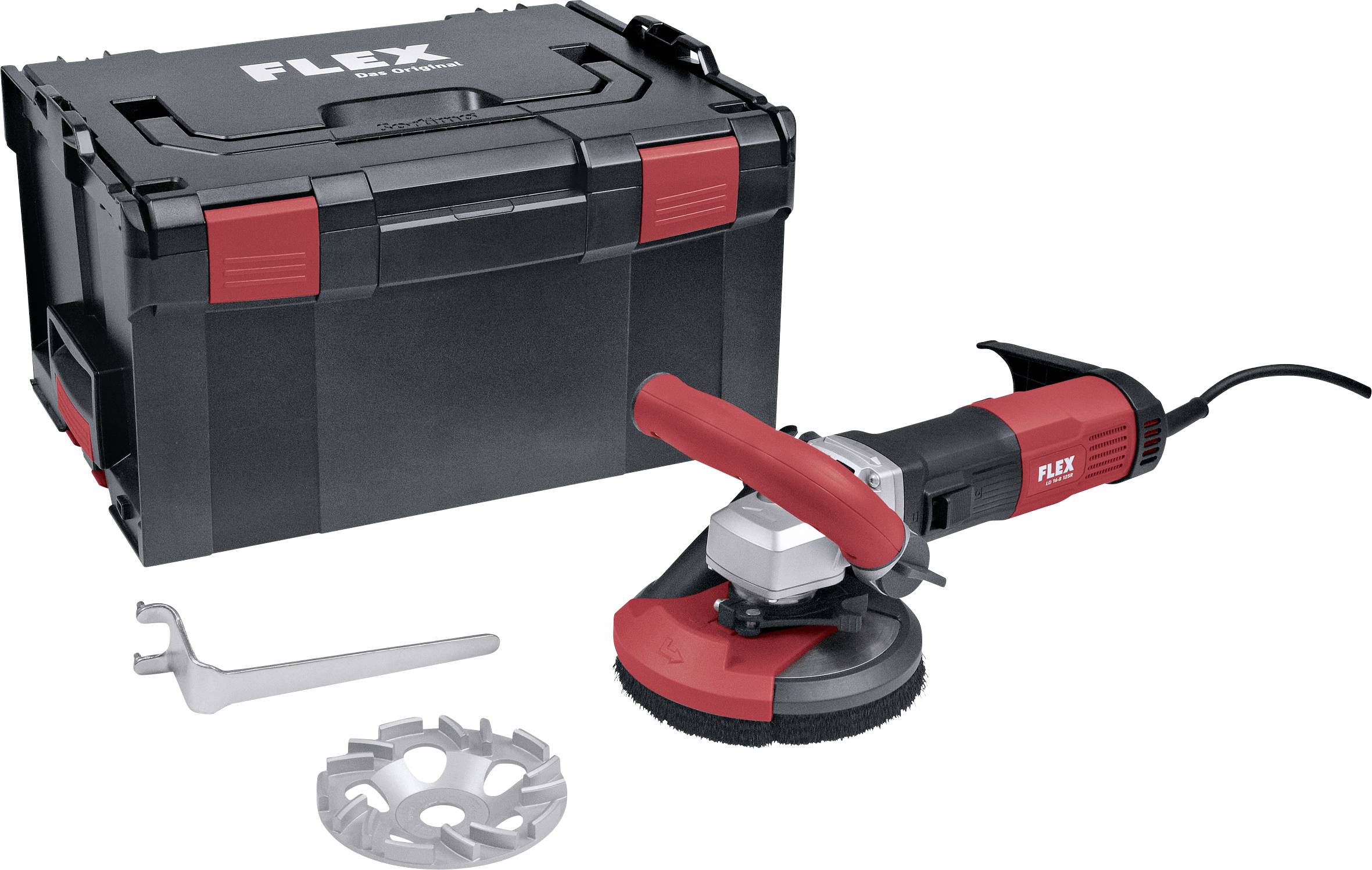 A red and black grinding machine with accessories lies in front of a black tool case.