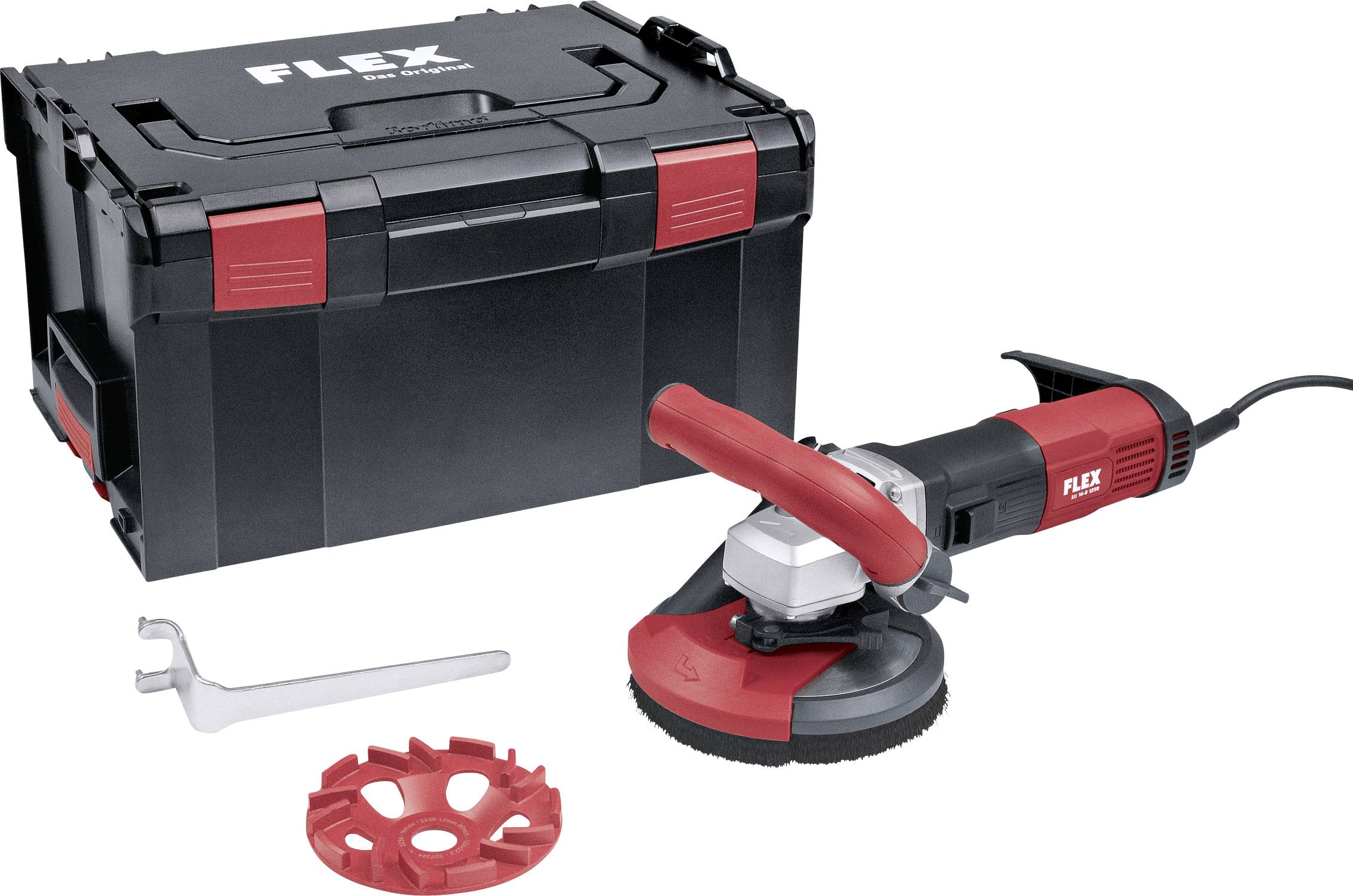 A red and black grinding machine next to a black tool case with a red fastener and an accompanying tool.