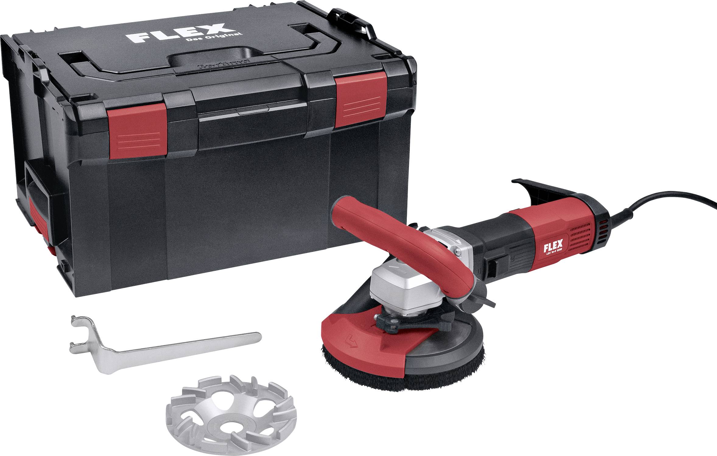 Grinding machine with a red handle in front of a black toolbox, with a key and a grinding plate beside it.