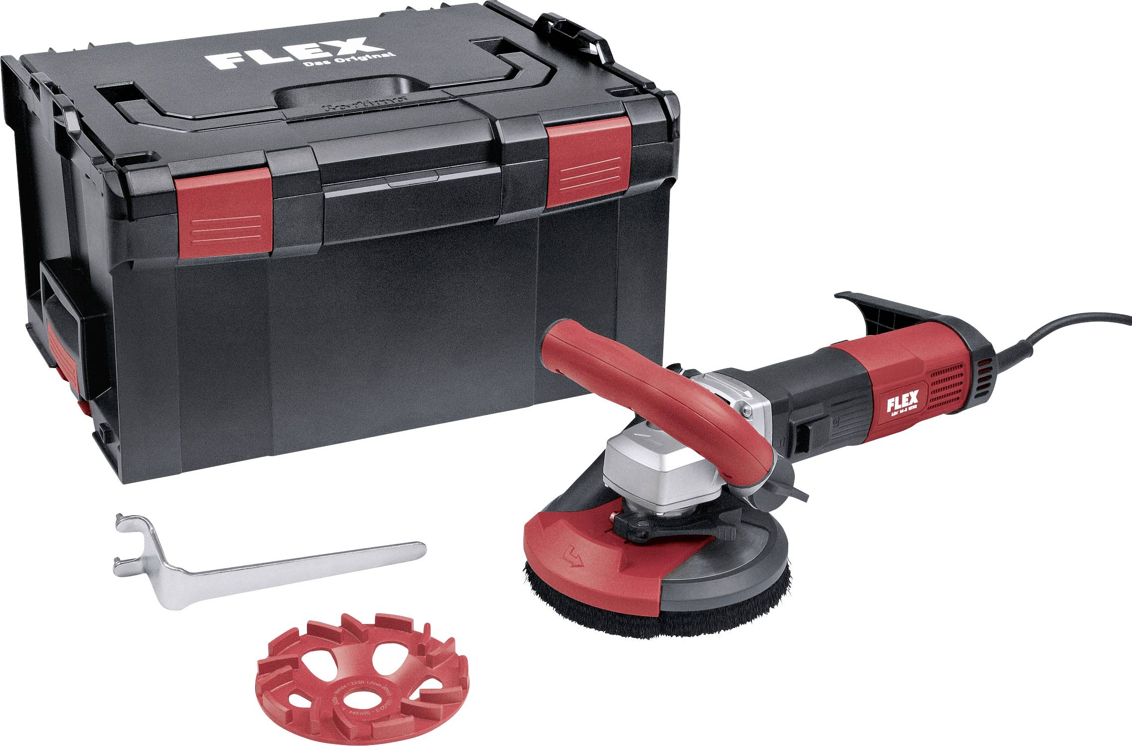 Grinding machine with red handle and accompanying tools, next to a black case with red elements, bearing the 'FLEX' logo.