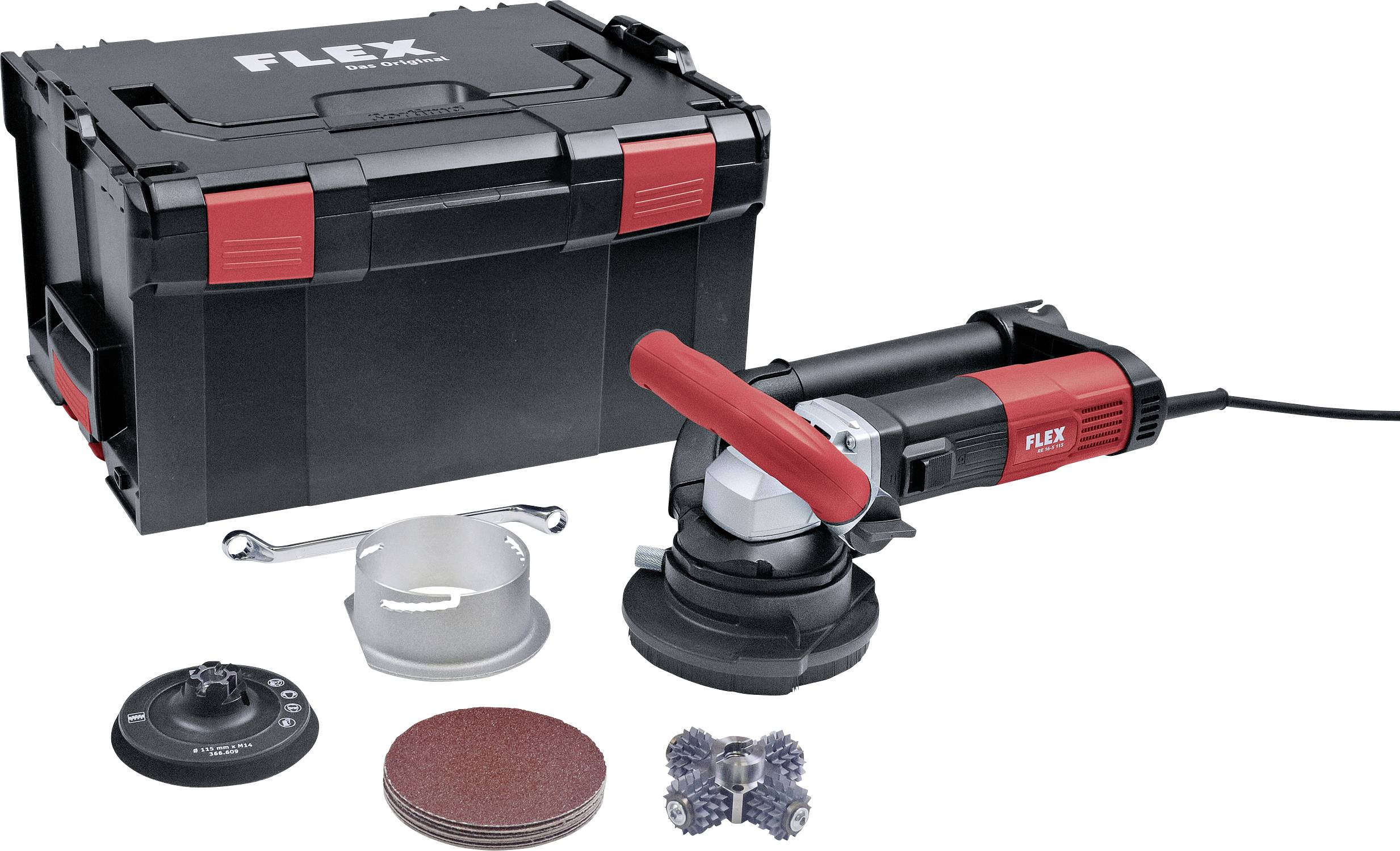 Flex angle grinder set with carry case, safety guard, grinding discs and attachments. Ideal for grinding and polishing work.