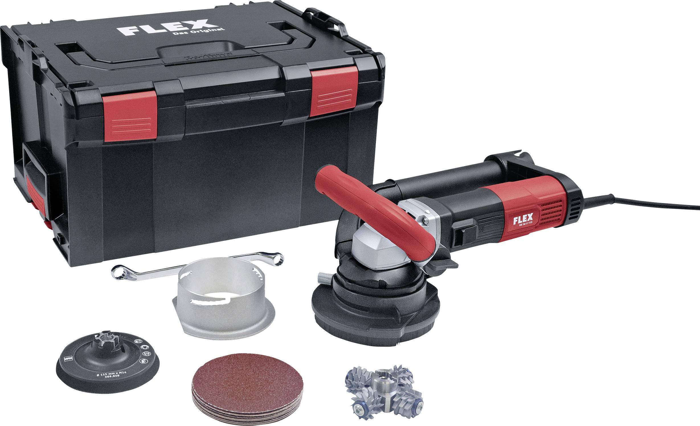 An angle grinder set comprising a red and black angle grinder, accessories, and a black storage box.