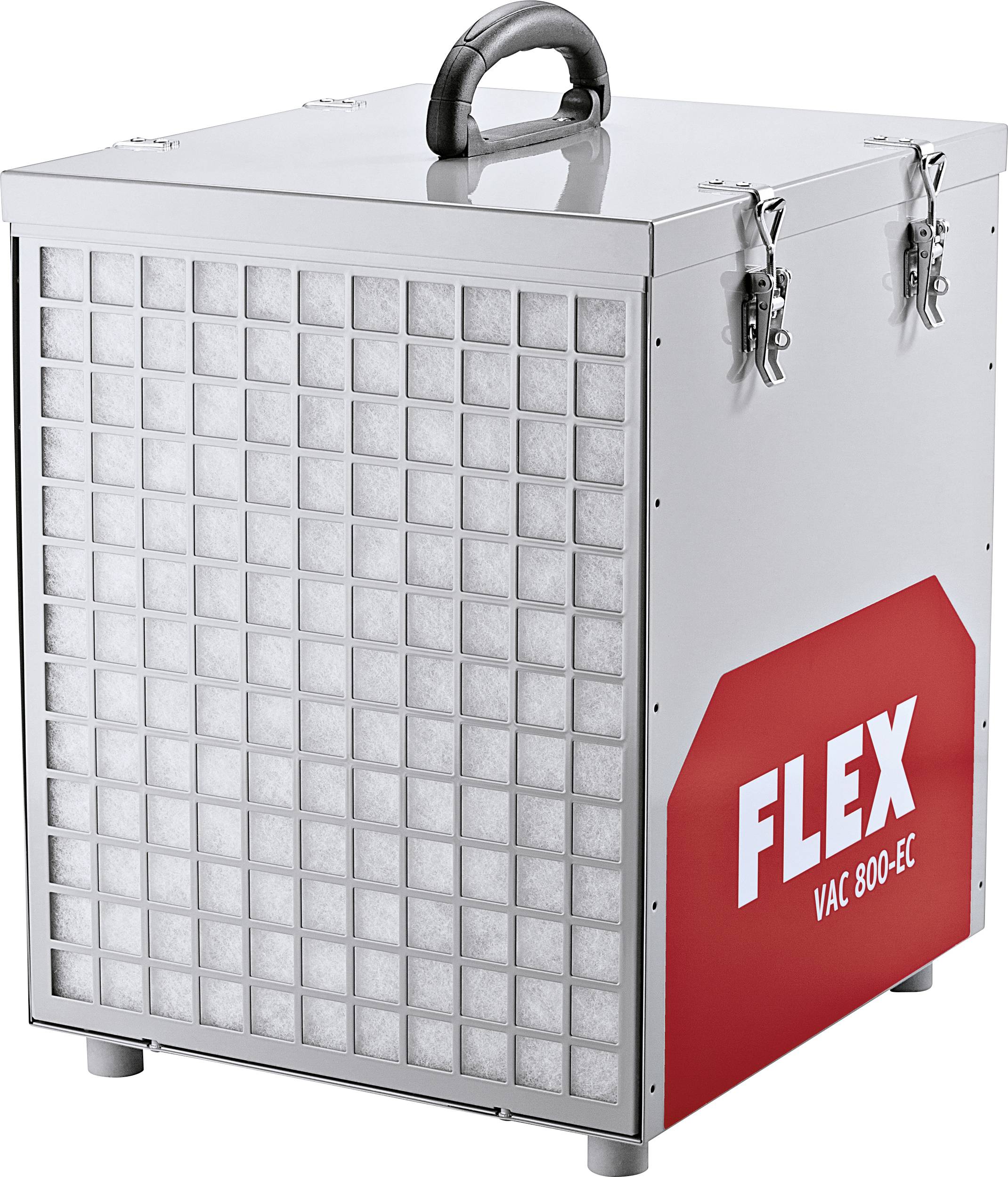 Air purifier with handle, rectangular housing and visible filter, red shield with inscription 'FLEX VAC 800-EC' on the side.