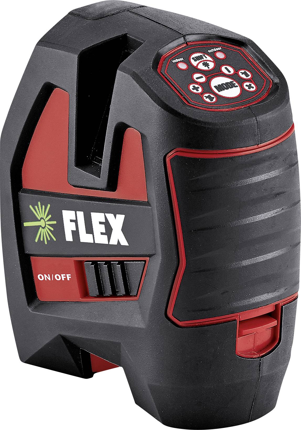 A red and black laser distance measurer by FLEX with an on/off switch and symbols on the front for different modes.