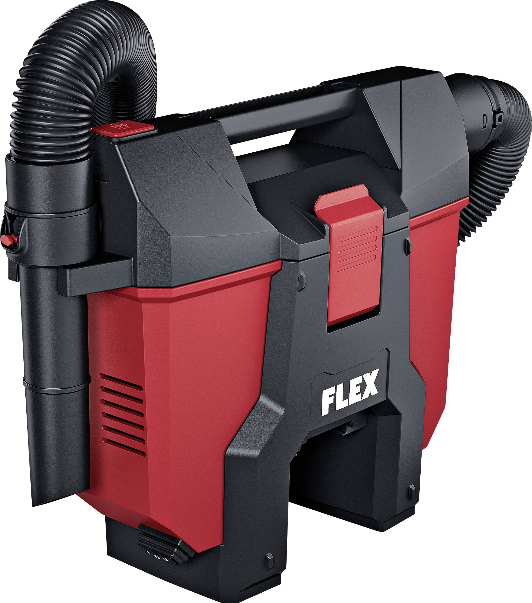 A red and black portable vacuum cleaner with a flexible suction hose, handle, and compact design, suitable for construction sites.