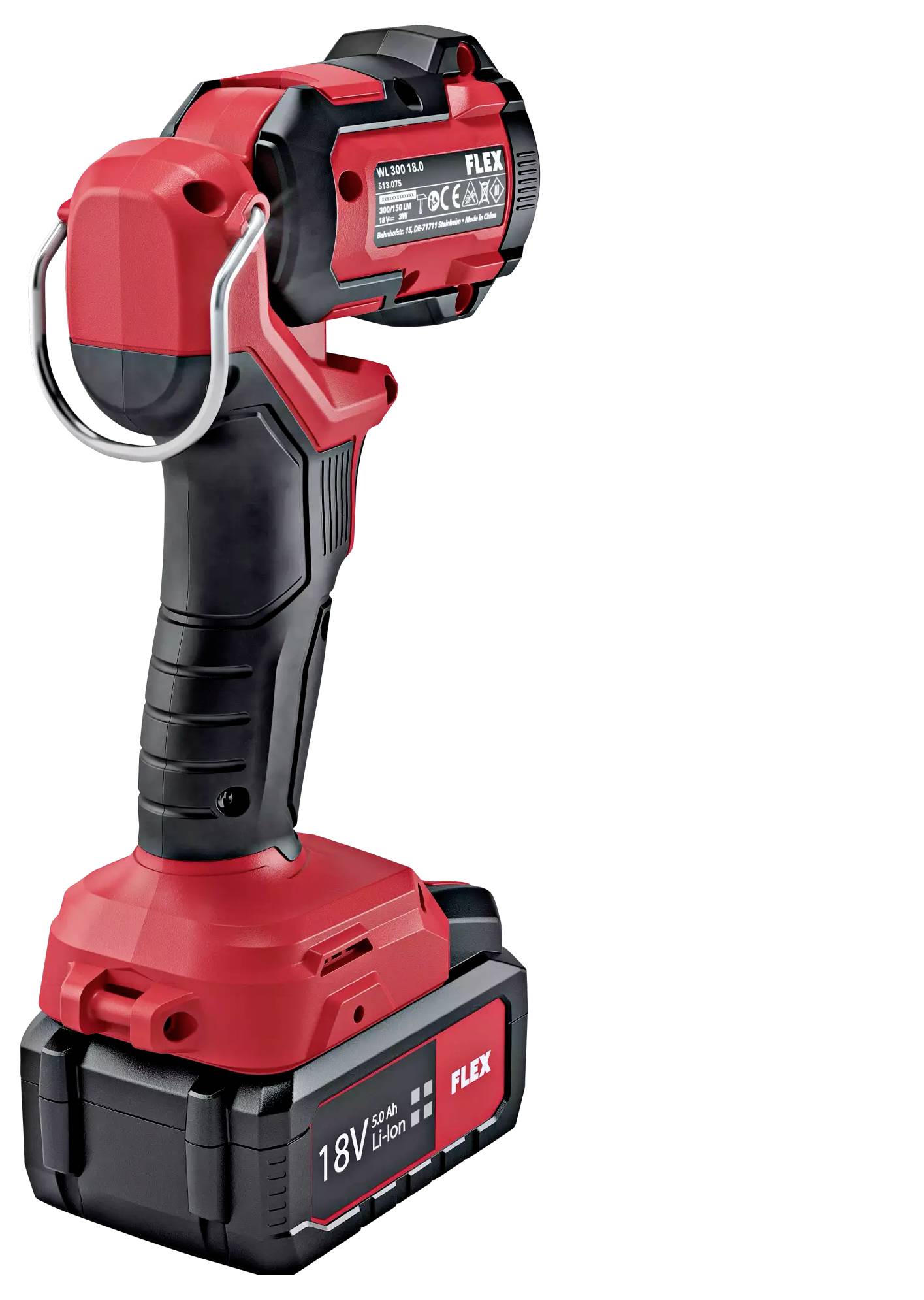 A red and black cordless drill, 18V Li-Ion battery, standing, rear view visible, with belt hook.