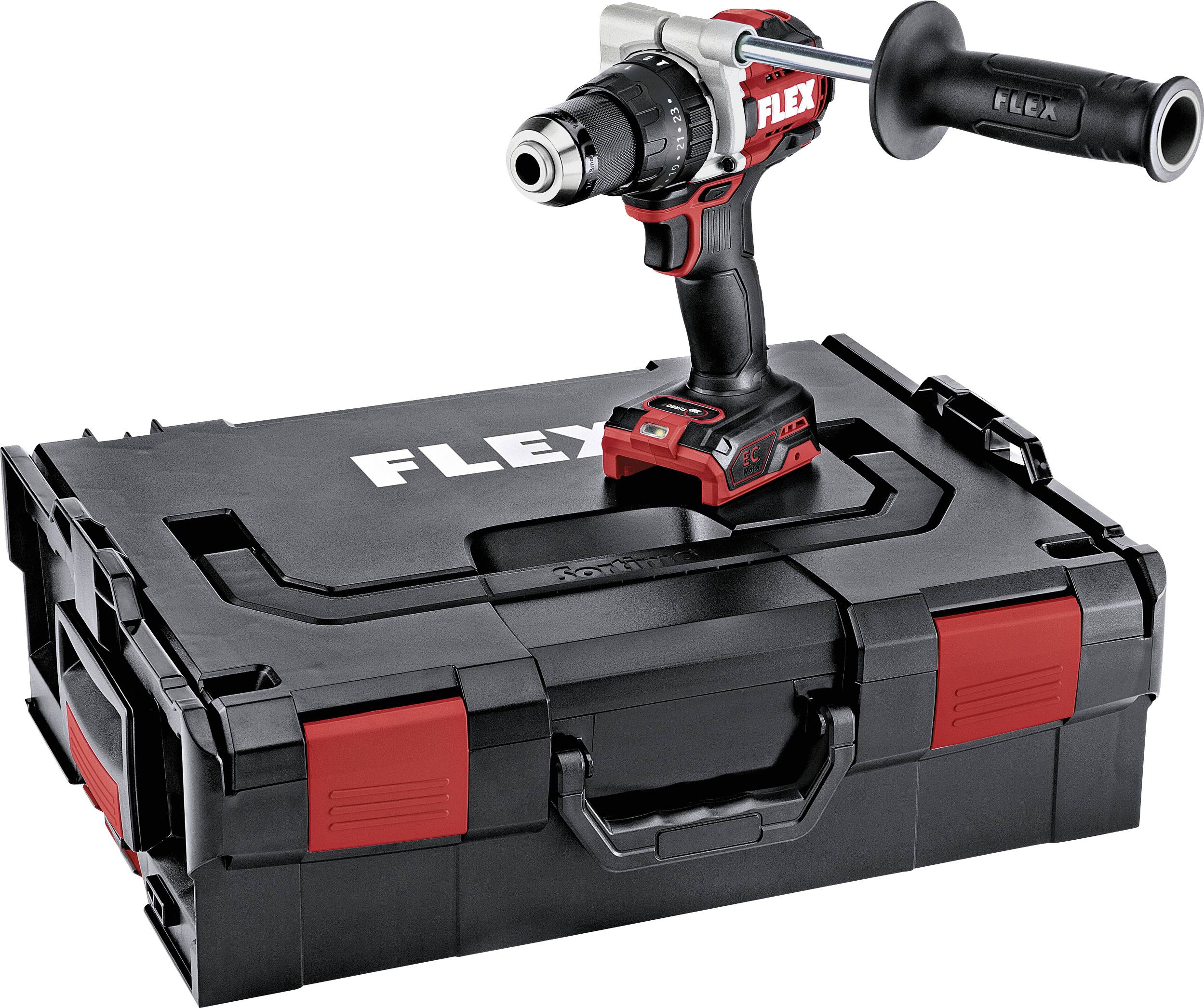 Cordless drill with a red and black casing sits on a tool case, 'FLEX' brand visible. Ideal for construction work.