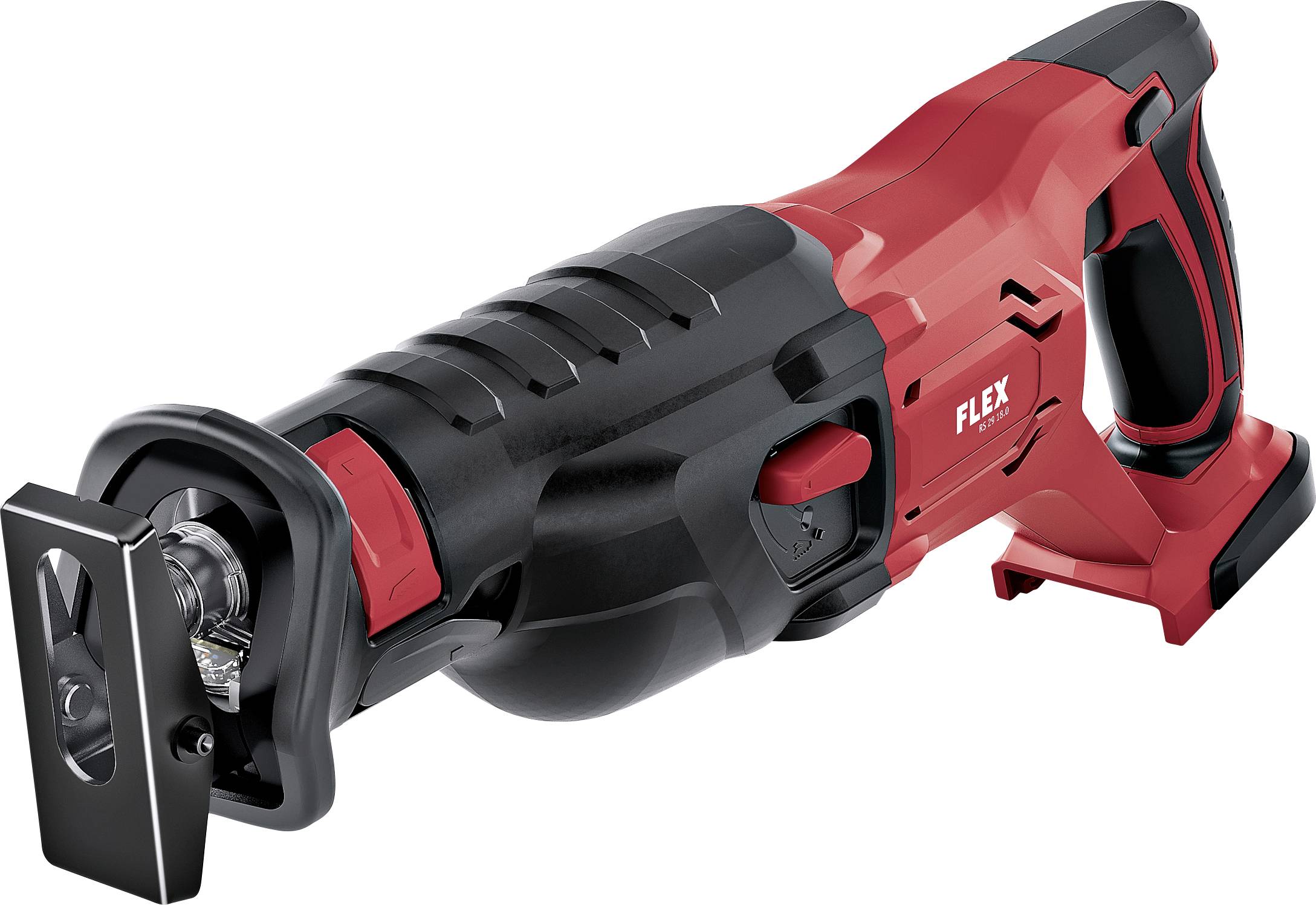 A red and black electric reciprocating saw is positioned at an angle. It has an ergonomic handle and a visible blade.