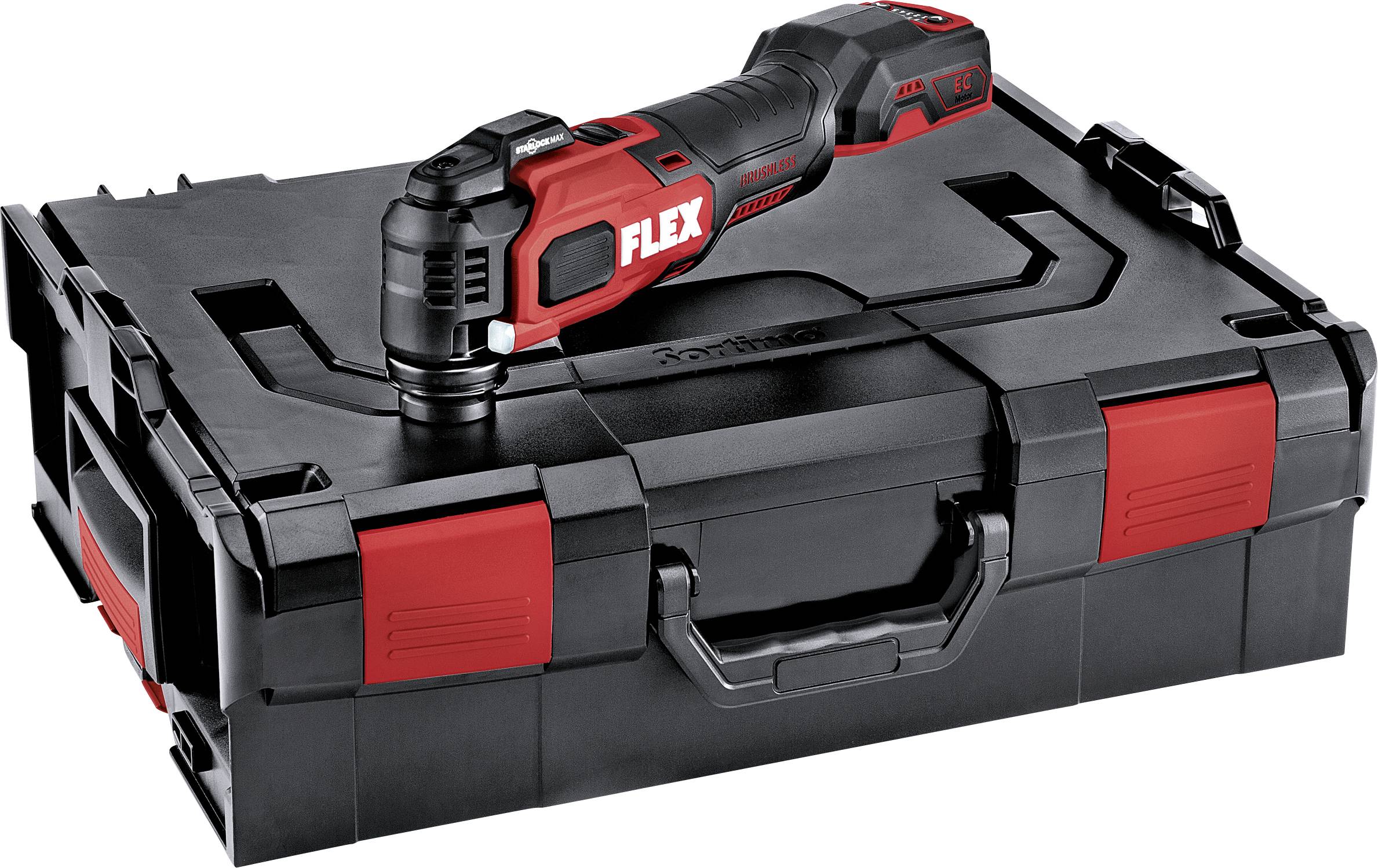 Black toolbox with red electric tools above it, in a robust housing.