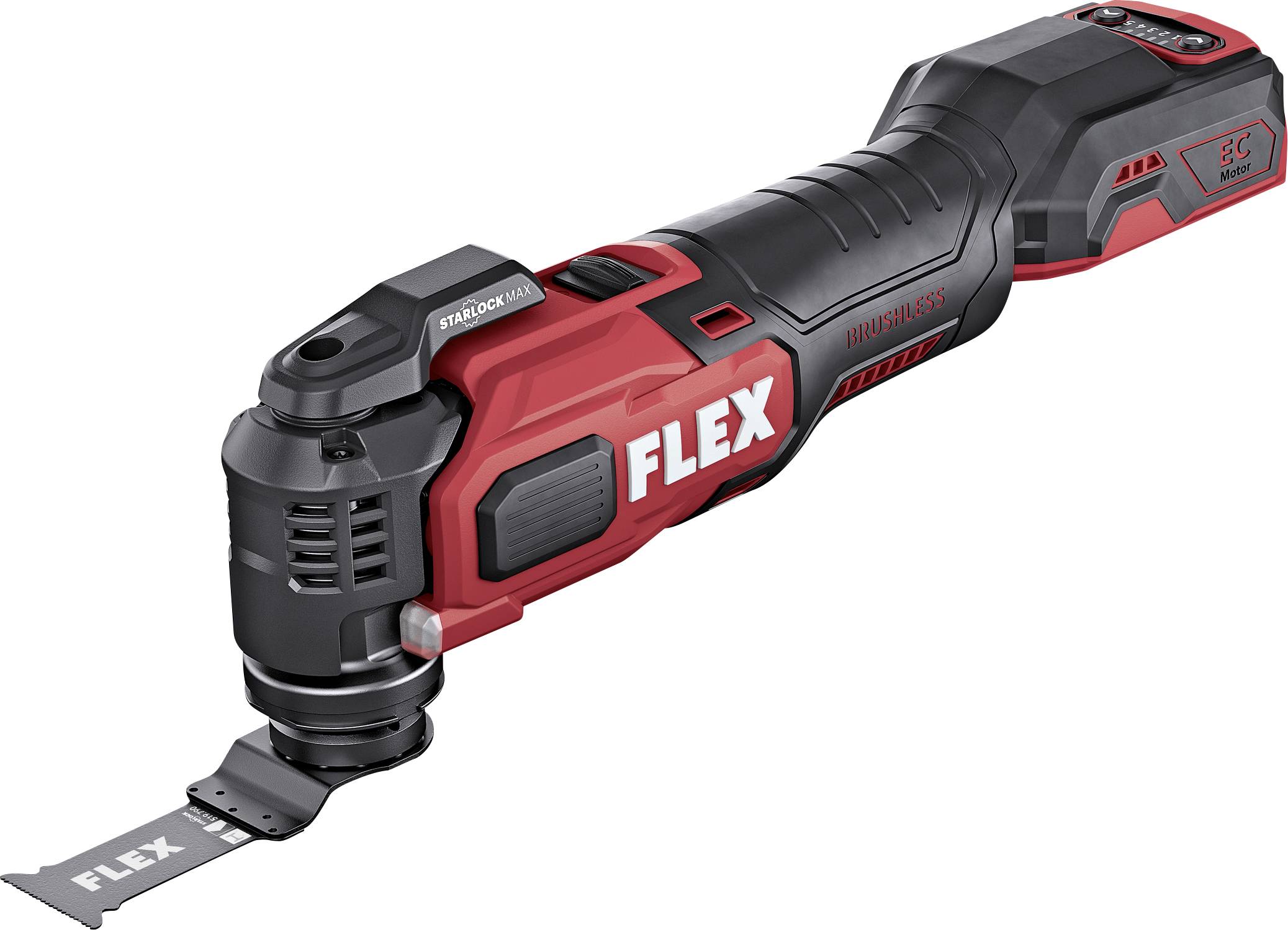 A red and black multi-functional tool with several attachments and an ergonomic handle, from the Flex brand, lies on a white background.