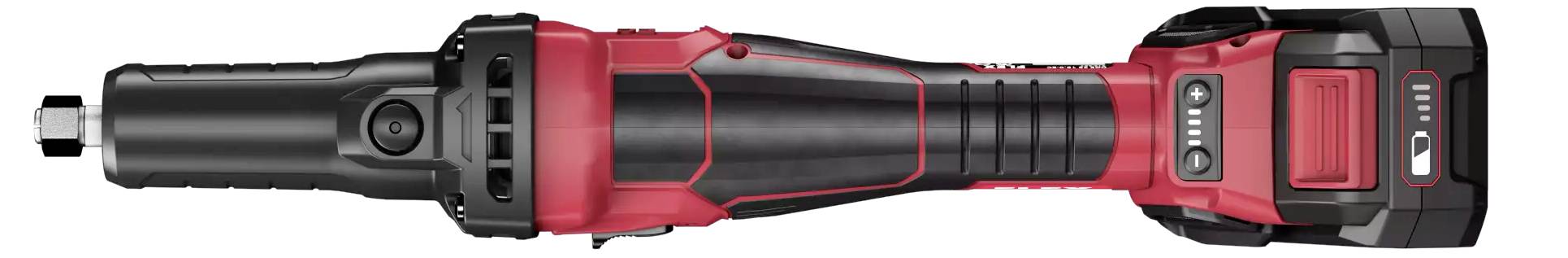 A red, electric angle grinder with a robust handle and visibly rechargeable battery. Ideal for DIY and trade work.