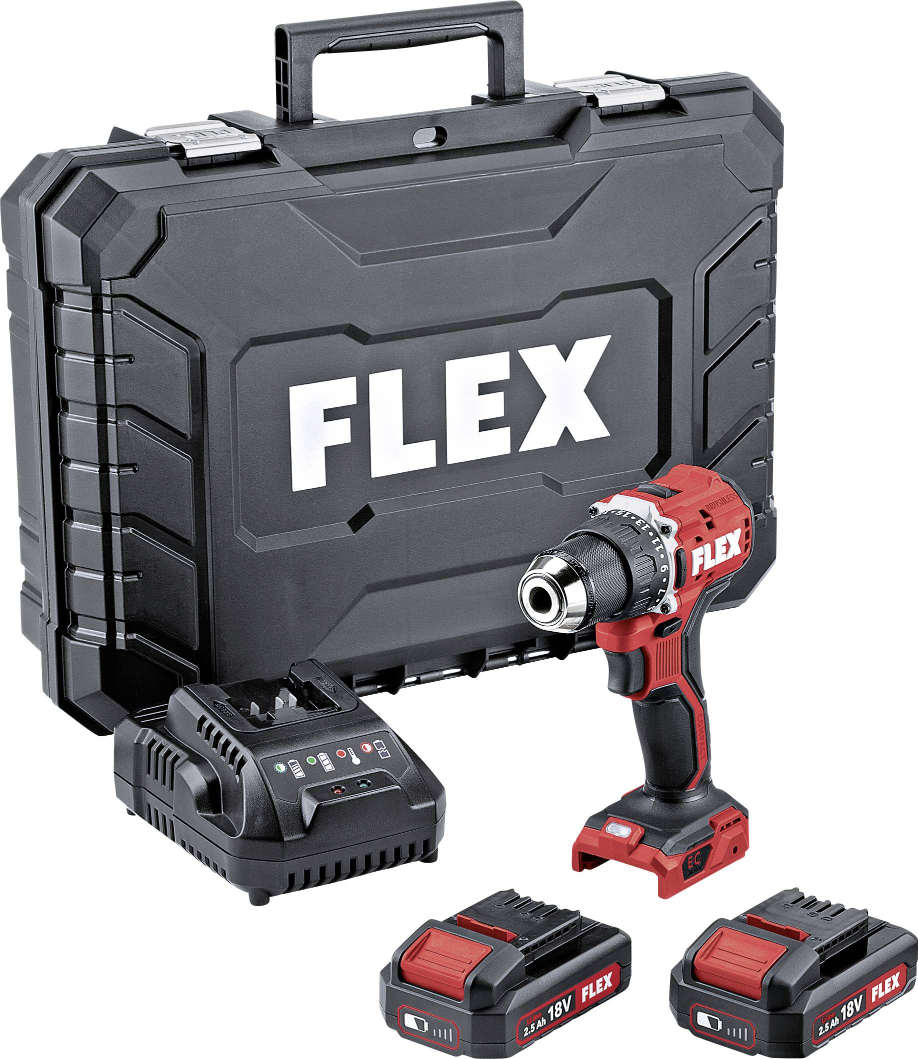A red Flex cordless drill with charger and two batteries, displayed next to a black transport case with the 'FLEX' logo.