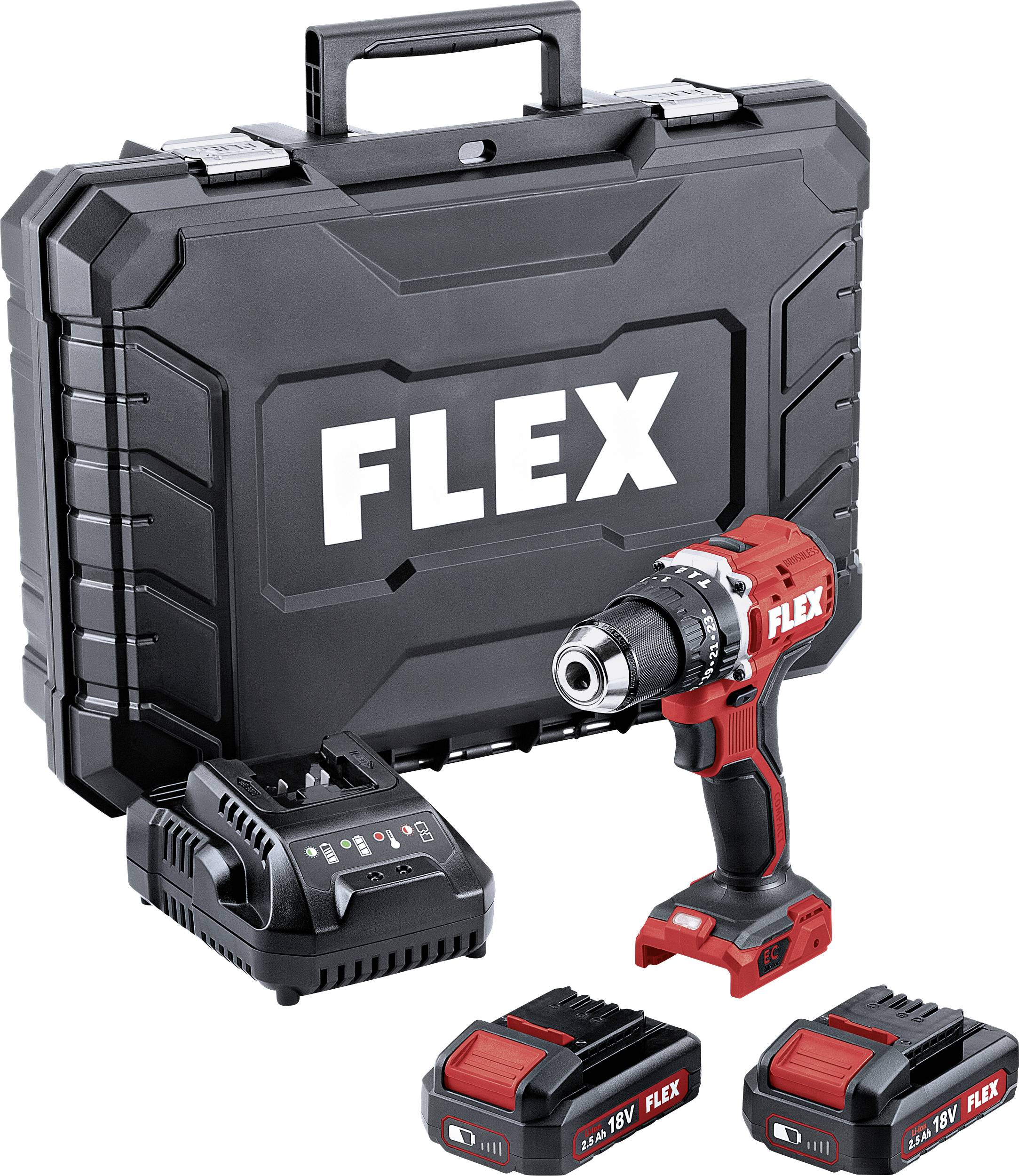 Cordless drill set comprising a red cordless drill, two batteries, a charger, and a black case branded 'FLEX'.