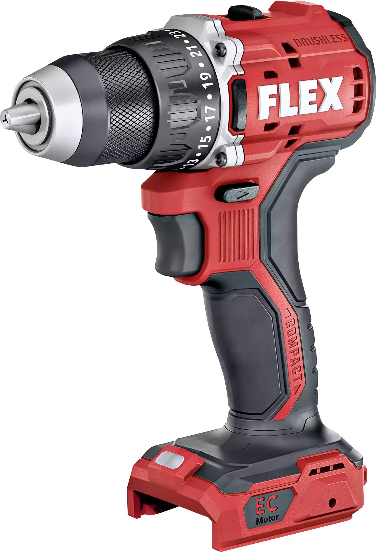 Cordless drill in red and black with the inscription 'FLEX Brushless'. Device features speed and power control.