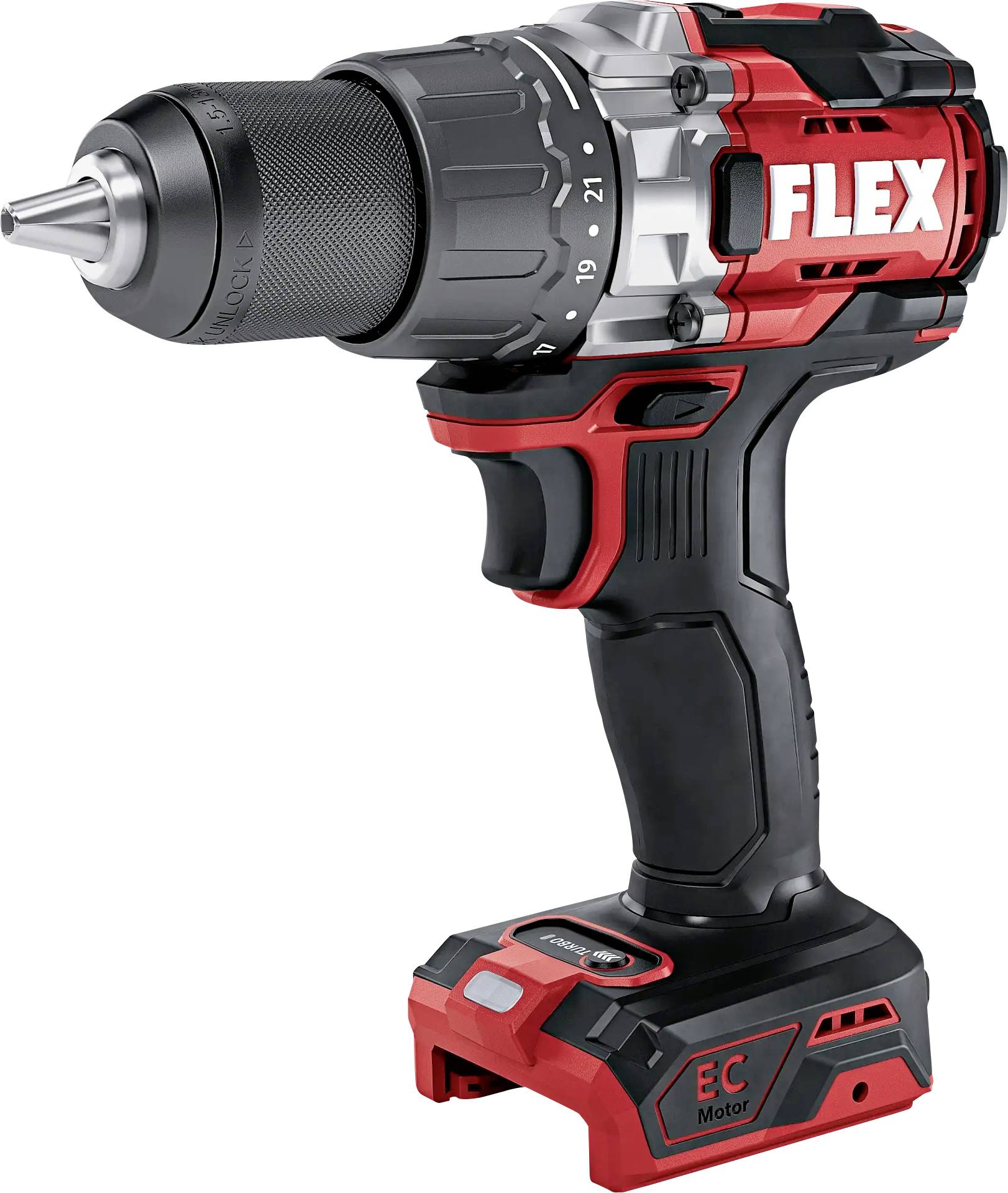 Cordless drill in black and red, with 'FLEX' brand marking on the side. Device shows settings and has an ergonomic handle.