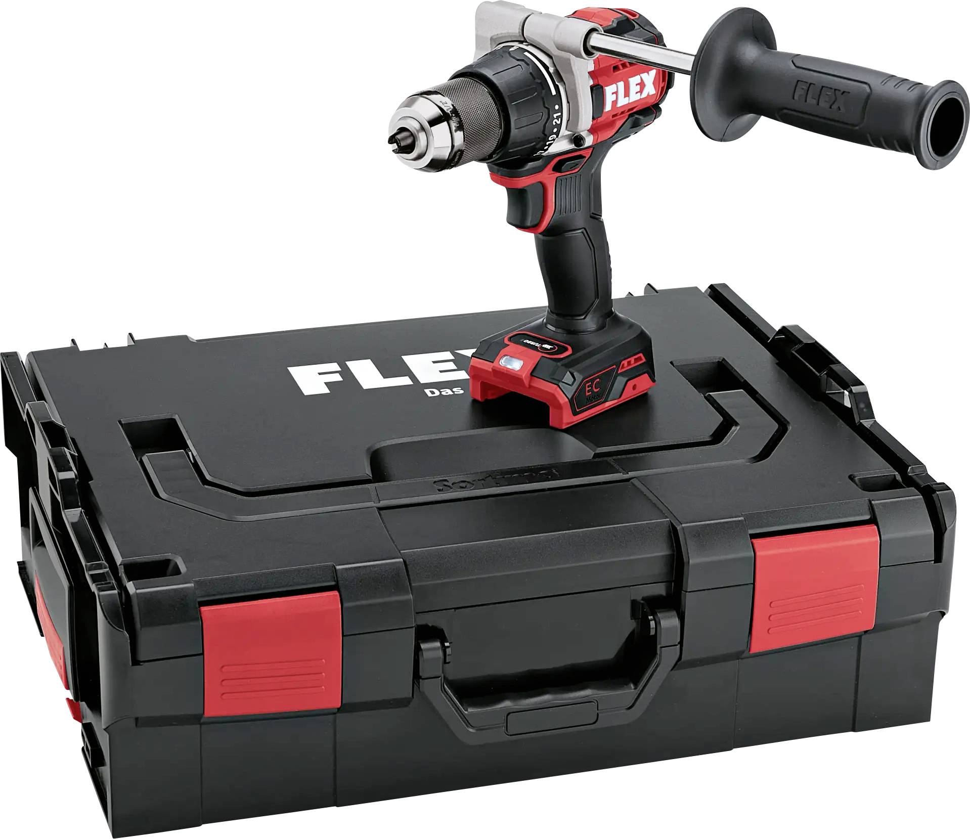 Cordless drill by FLEX with a red and black casing, placed on a matching tool case.