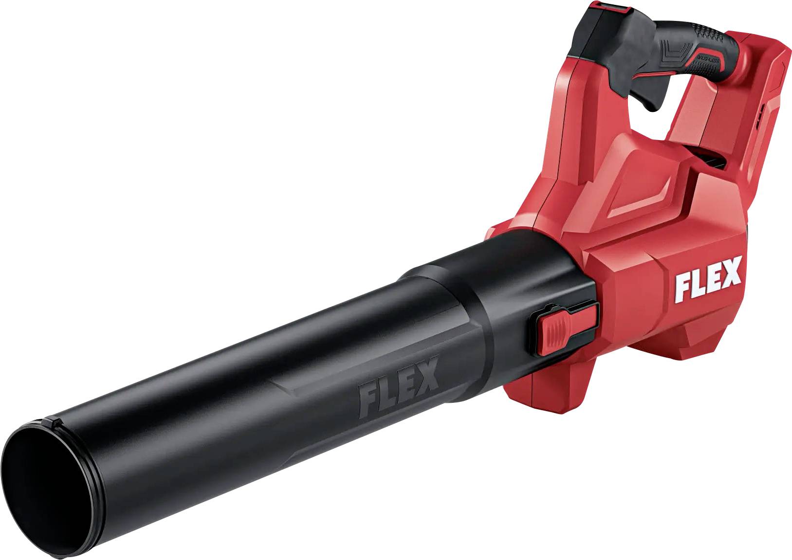 A red and black leaf blower with handle and nozzle. Marked with 'FLEX'.