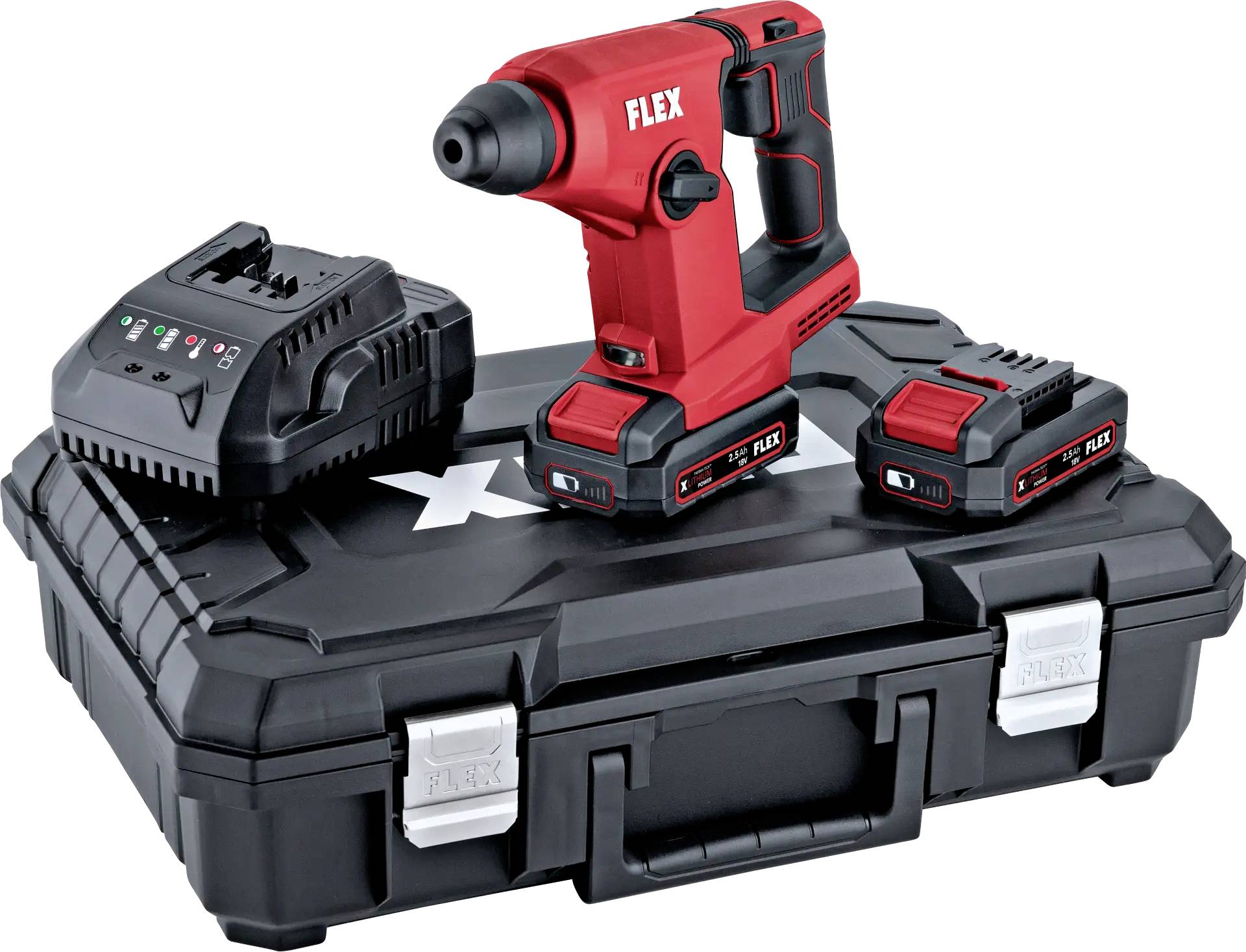 Cordless drill set with red cordless drill, two batteries and charger on a black case. Perfect for DIY tasks.
