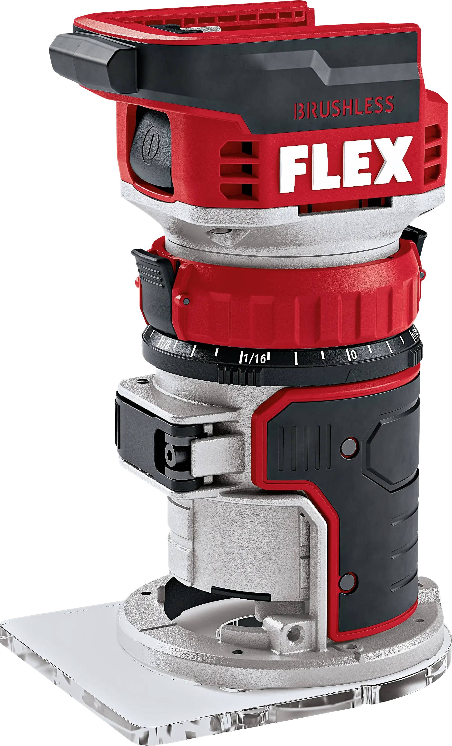 A red, cordless angle grinder with 'FLEX' written on it. It has black handles and a silver body.