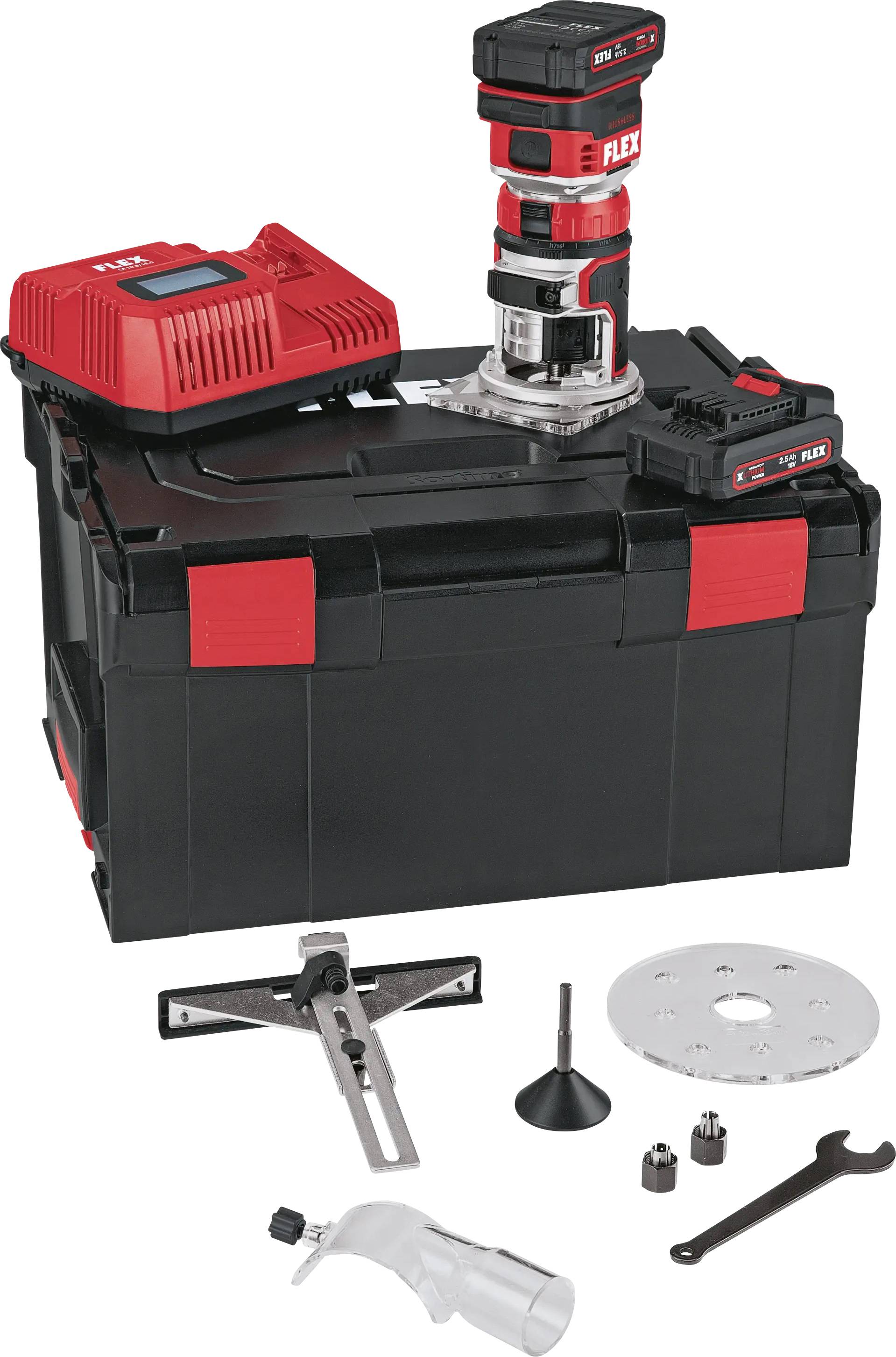 'Flex' tool case with cordless rotary tool, charger and accessories, including holders, attachments and keys.