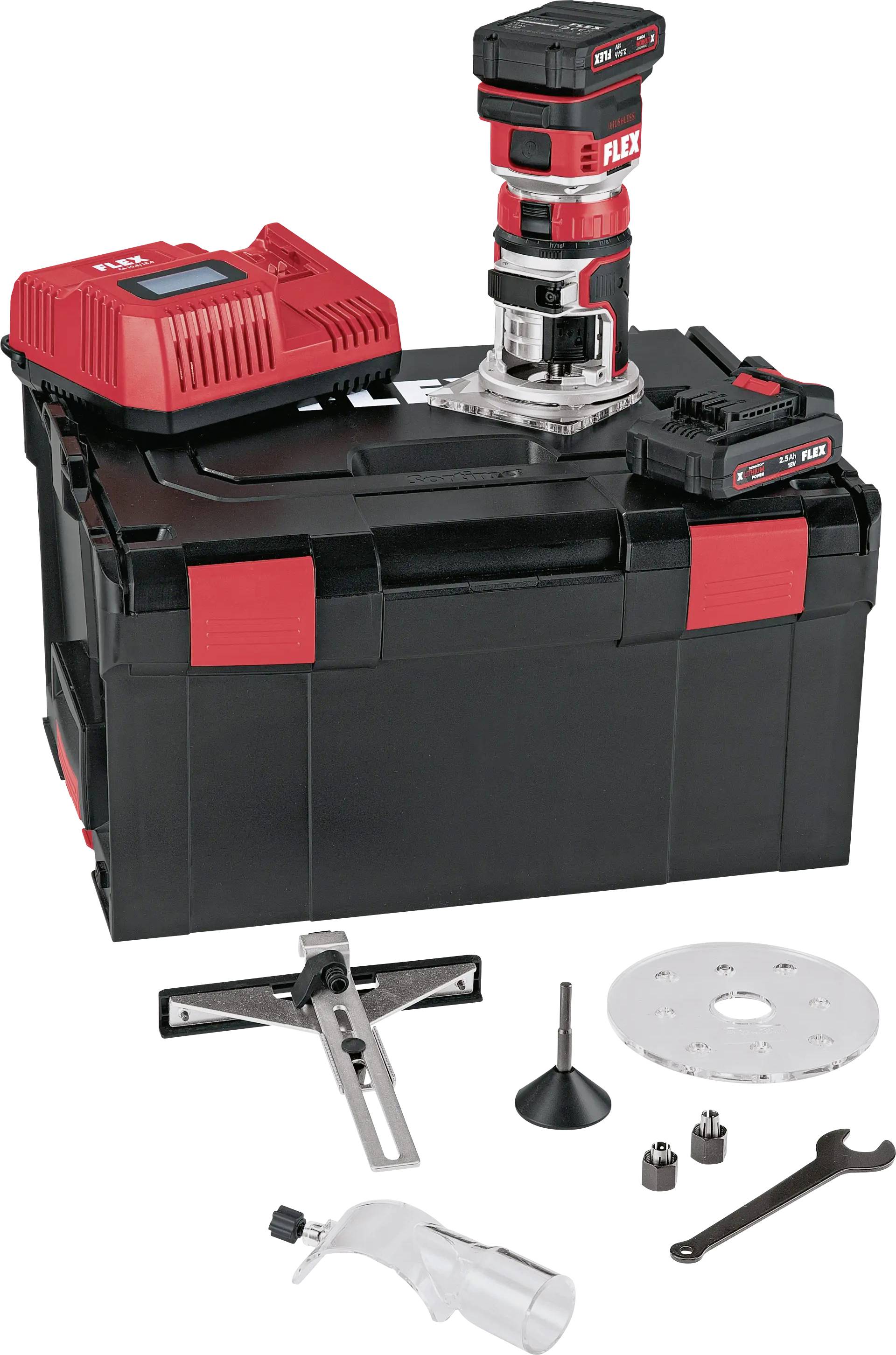 Tool set consisting of a cordless router on a black toolbox, charger and additional accessories for woodworking.