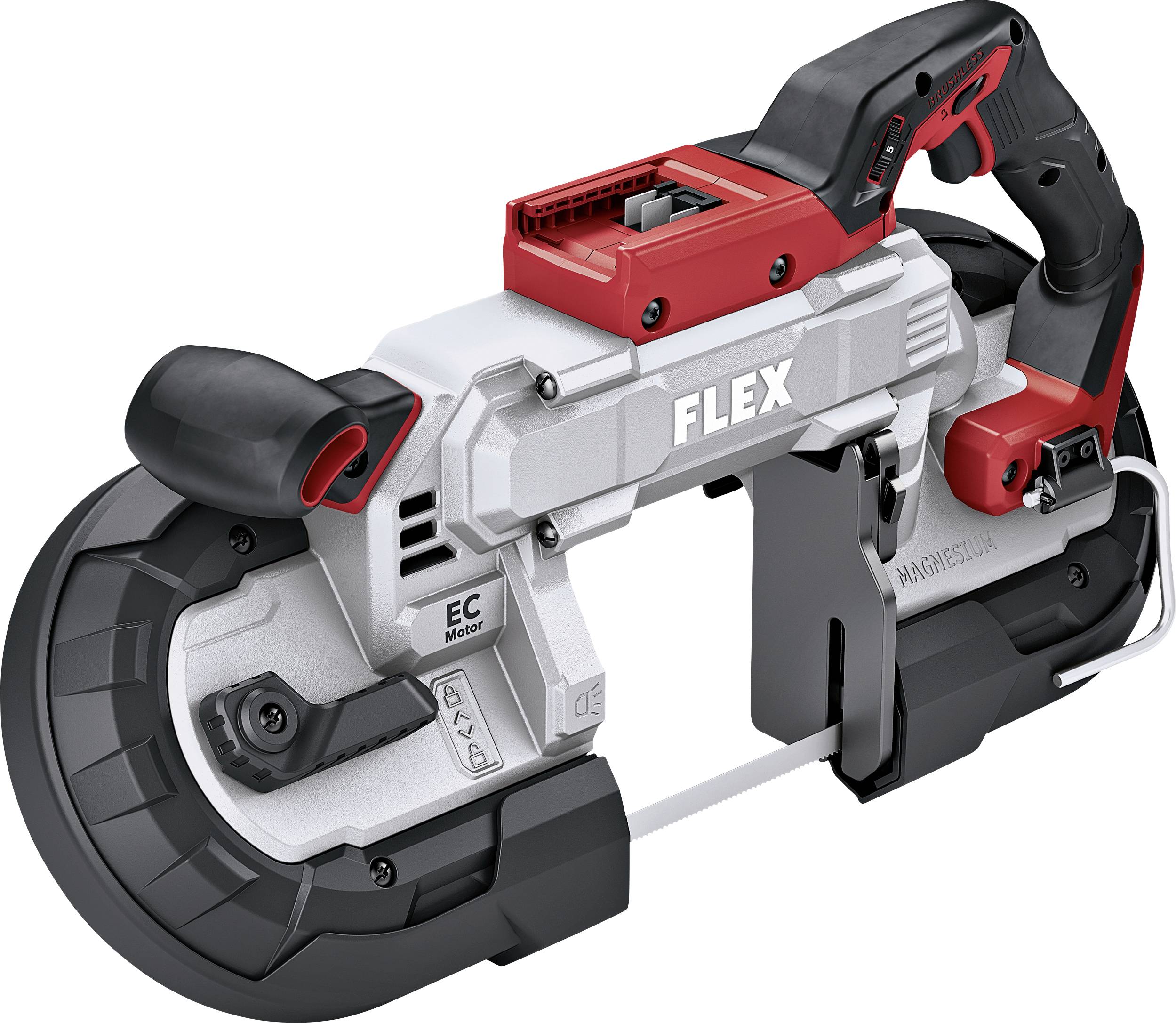Cordless bandsaw by FLEX, model with rubber grips and adjustable guard, suitable for metalworking.