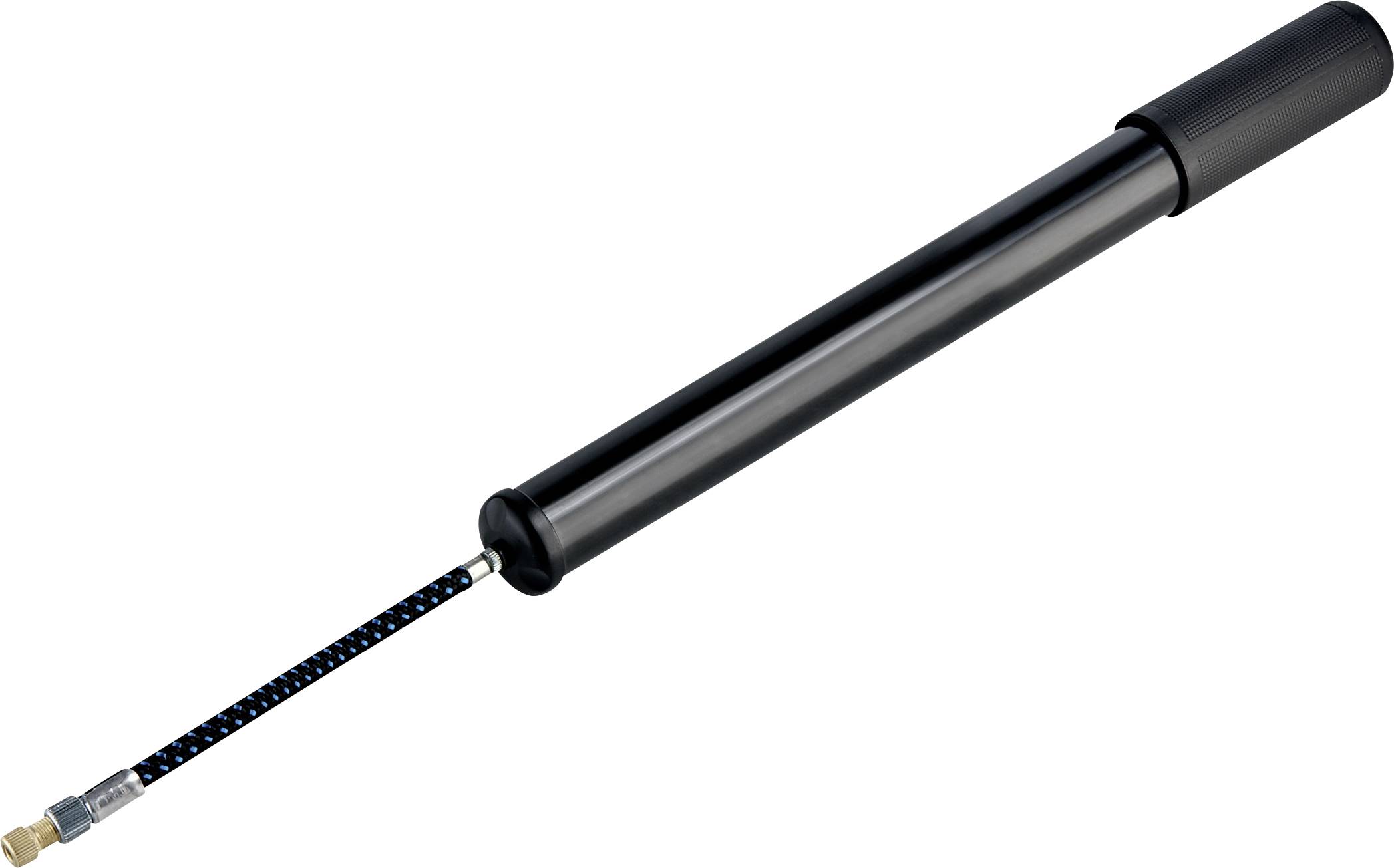A black hand air pump with a flexible hose. Ideal for inflating bicycle tyres and inflatable items.