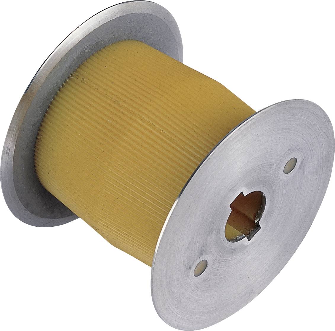 A yellow plastic spool with metal edges and a central opening, used for cylindrical spacers or buffers.