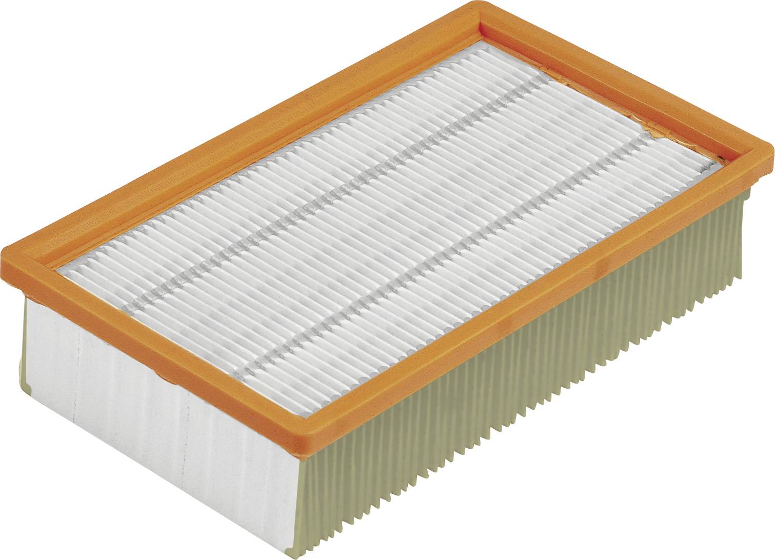 Rectangular air filter with an orange frame and white pleats, used for air purification in vehicles or machinery.