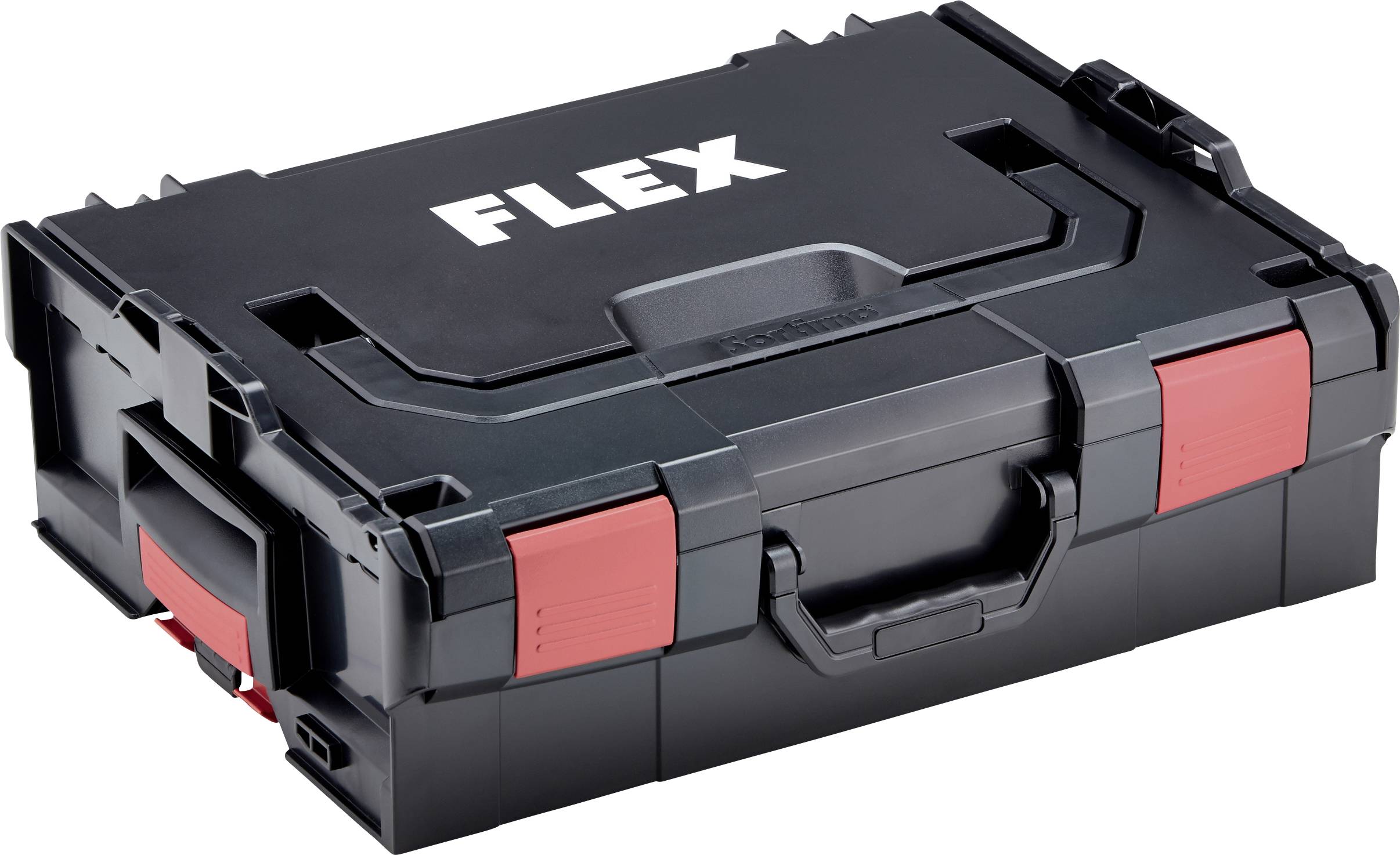 Black tool case with red fastening and the white 'FLEX' logo on the lid. Ideal for storing tools.