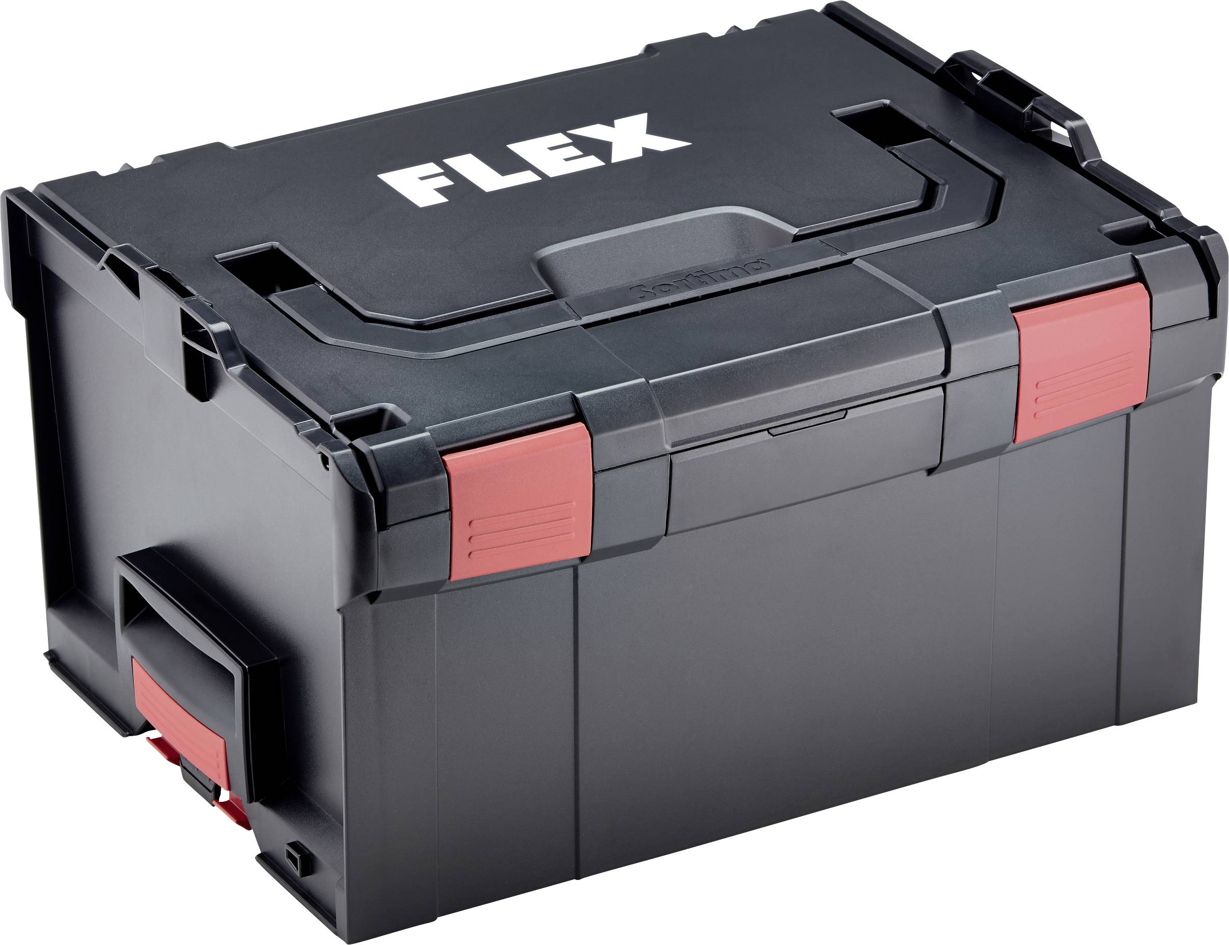 Black tool case with the 'FLEX' logo on the lid; red locks and robust design for tool storage.