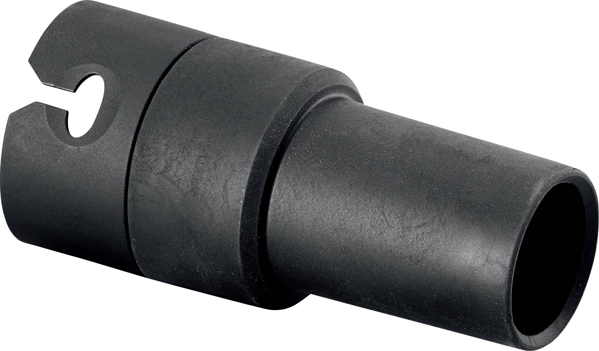 Black plastic pipe with a rounded edge and a notch at one end. Used for pipe connections or mounting purposes.