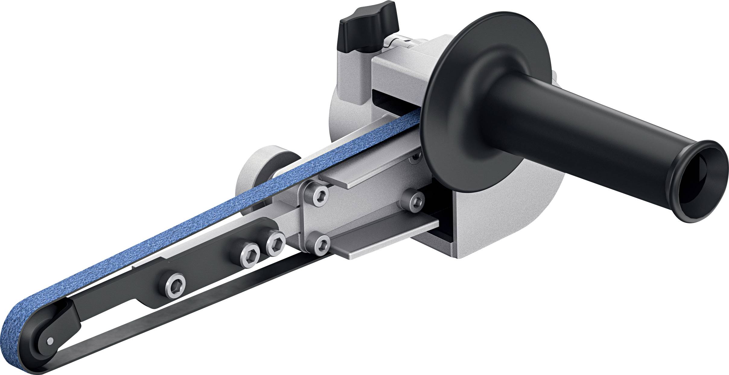 Schleifmaschine mit einem blauen Schleifband und schwarzem Griff. Sie dient zum Glätten und Schärfen von Oberflächen und Materialien.