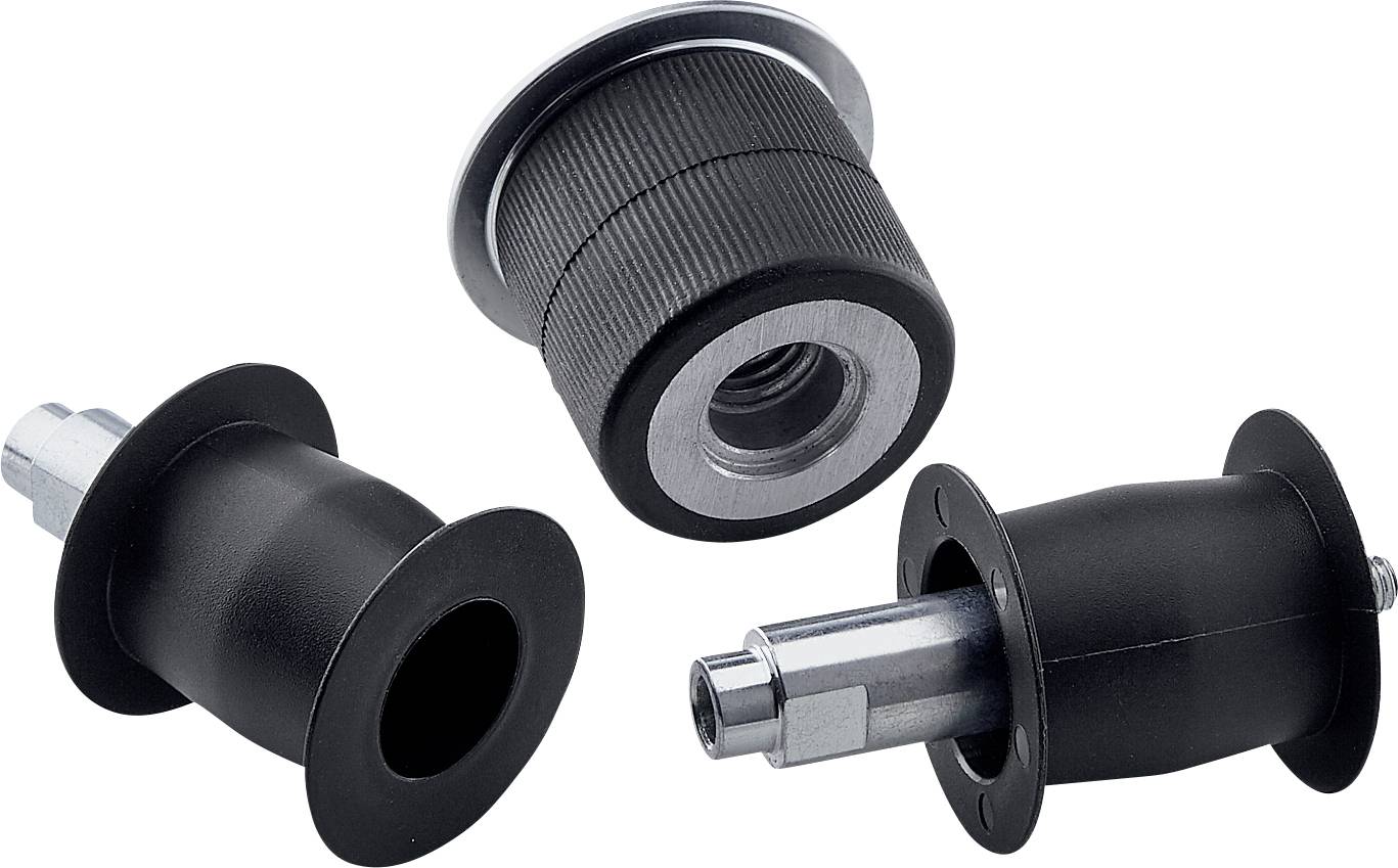 Three black metal mountings, each cylindrical with different ends, against a white background.