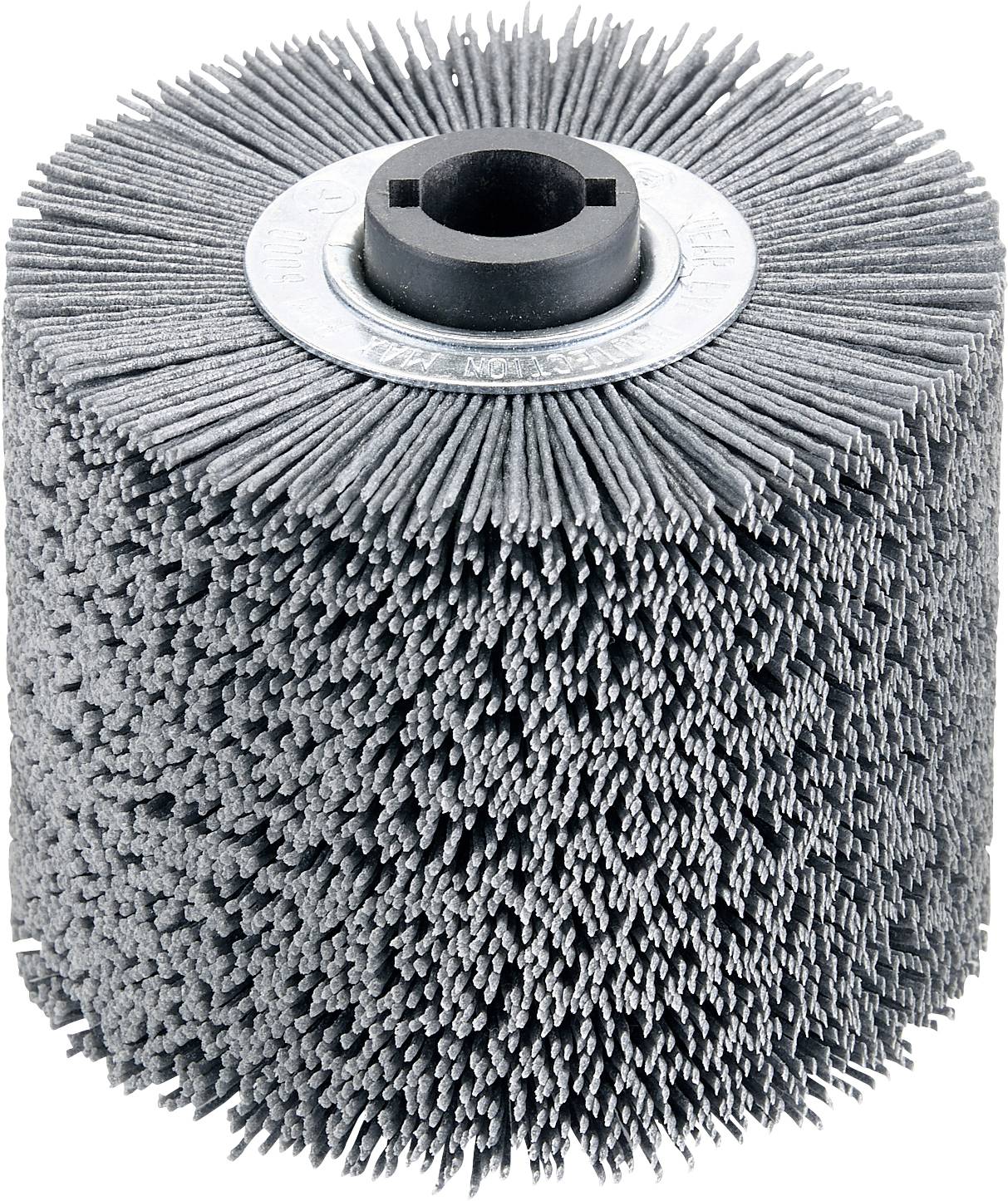 Grey abrasive wire brush with bristles, cylindrical shape, in close-up.