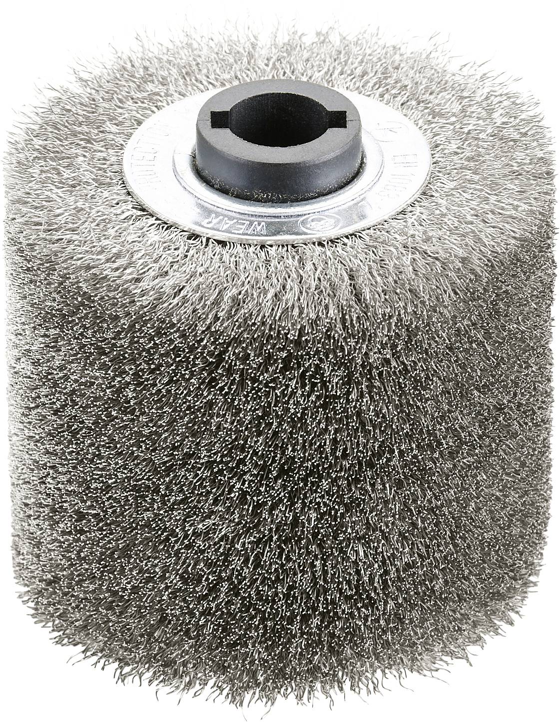 A cylindrical wire brush with dense metal bristles and a central opening for mounting.