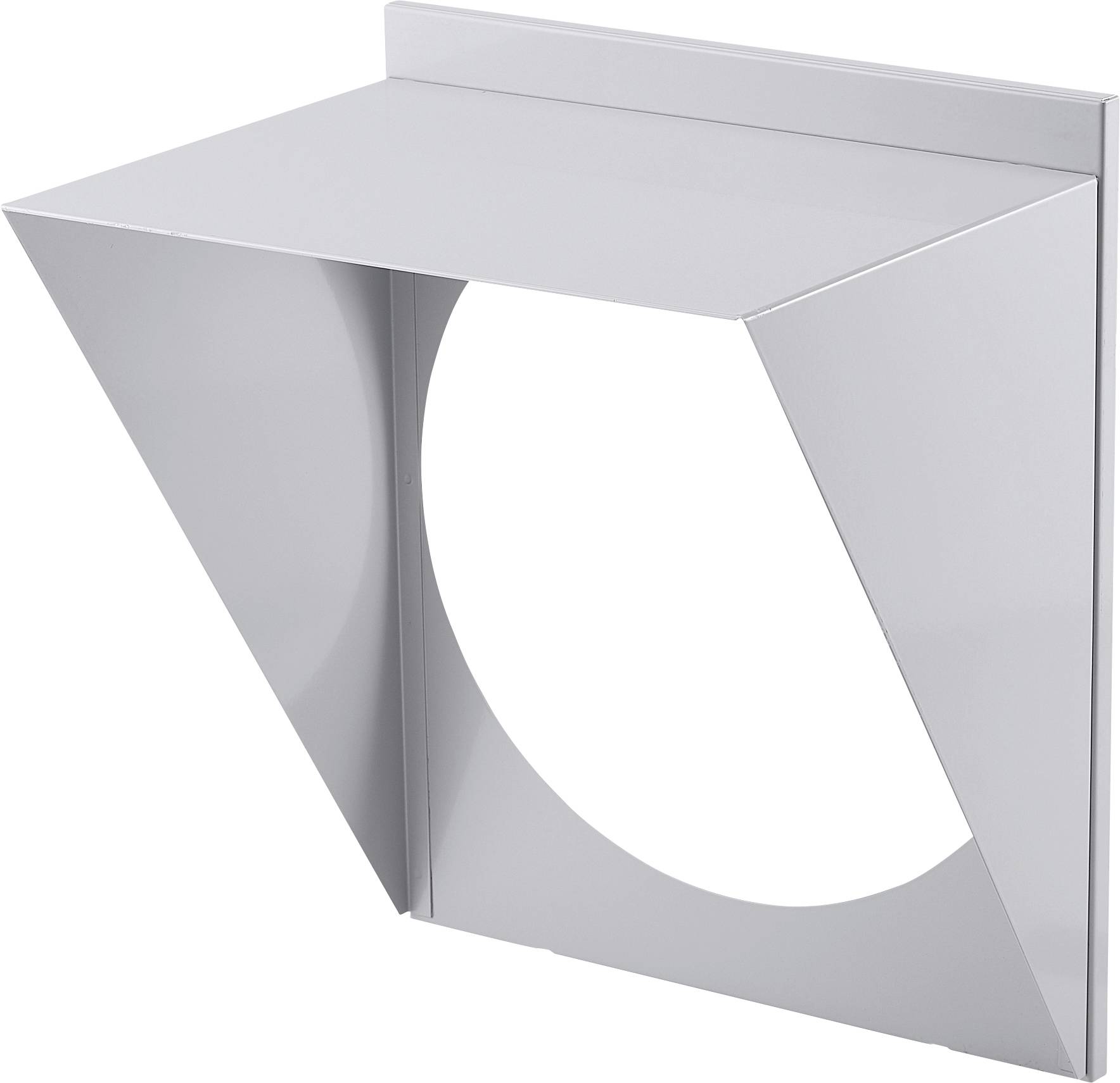 Metallic, triangular ventilation hood, silver-coloured, wall-mounted. Used for ventilation, in a modern minimalist style.