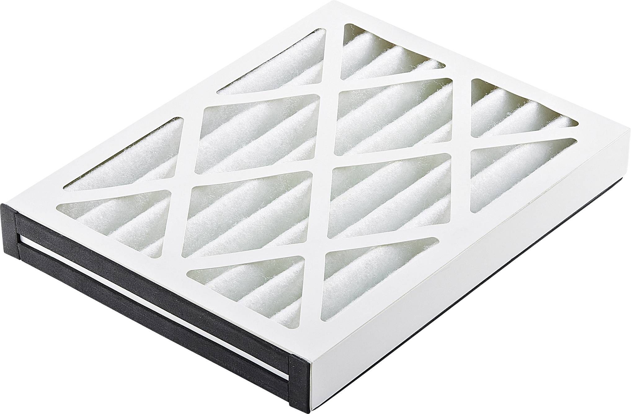 A rectangular air filter with a white frame and diagonal grids supporting the white filter medium. Suitable for HVAC systems.