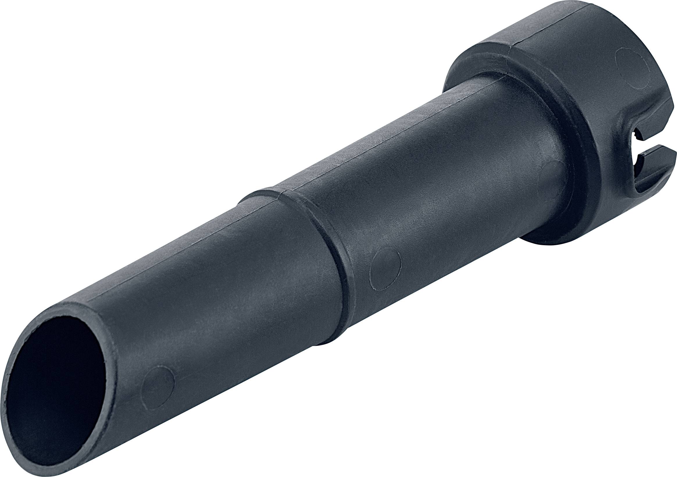 A black, cylindrical plastic wall plug used for securing materials.