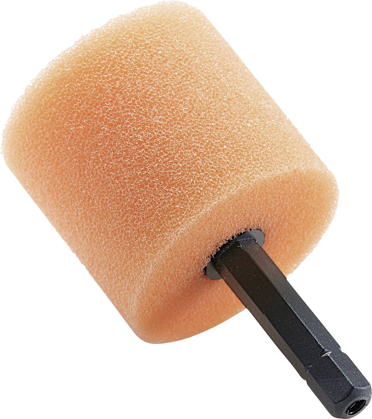 A cylindrical, orange sponge attachment with a black handle, suitable for drill machines for polishing or cleaning.