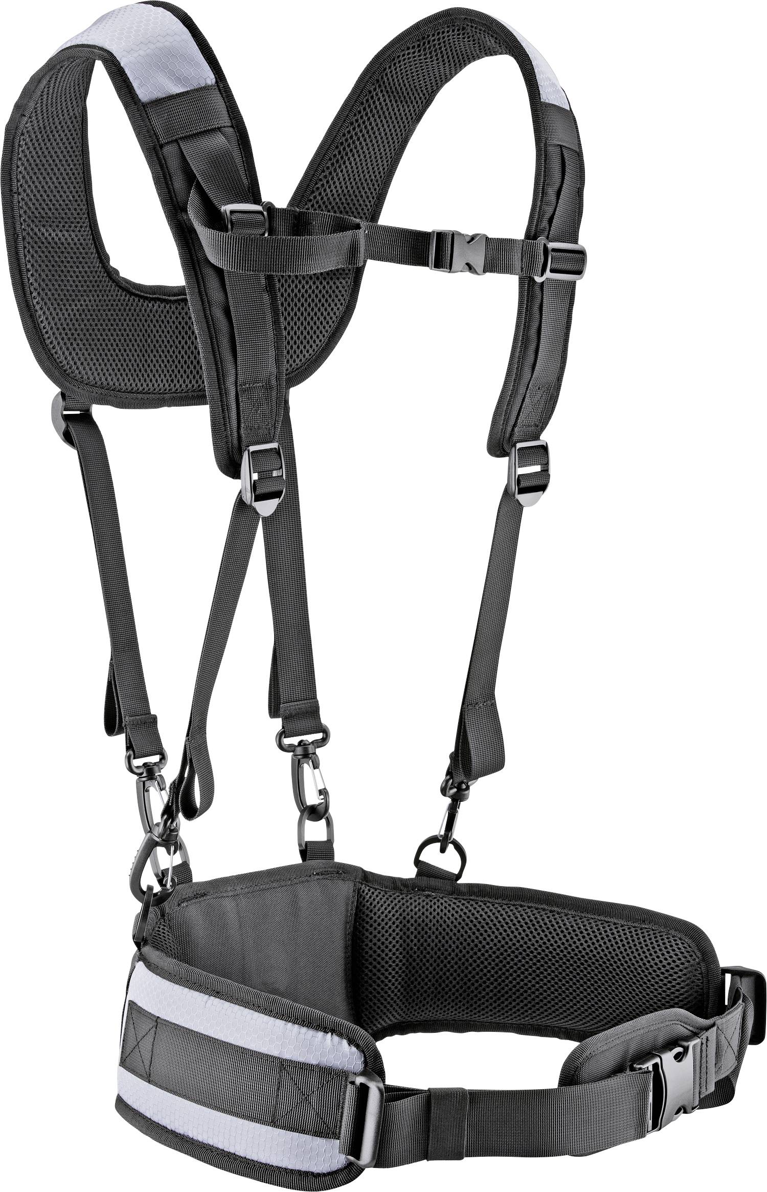 A black safety belt with padding and adjustable straps, used for ergonomic working or load lifting.