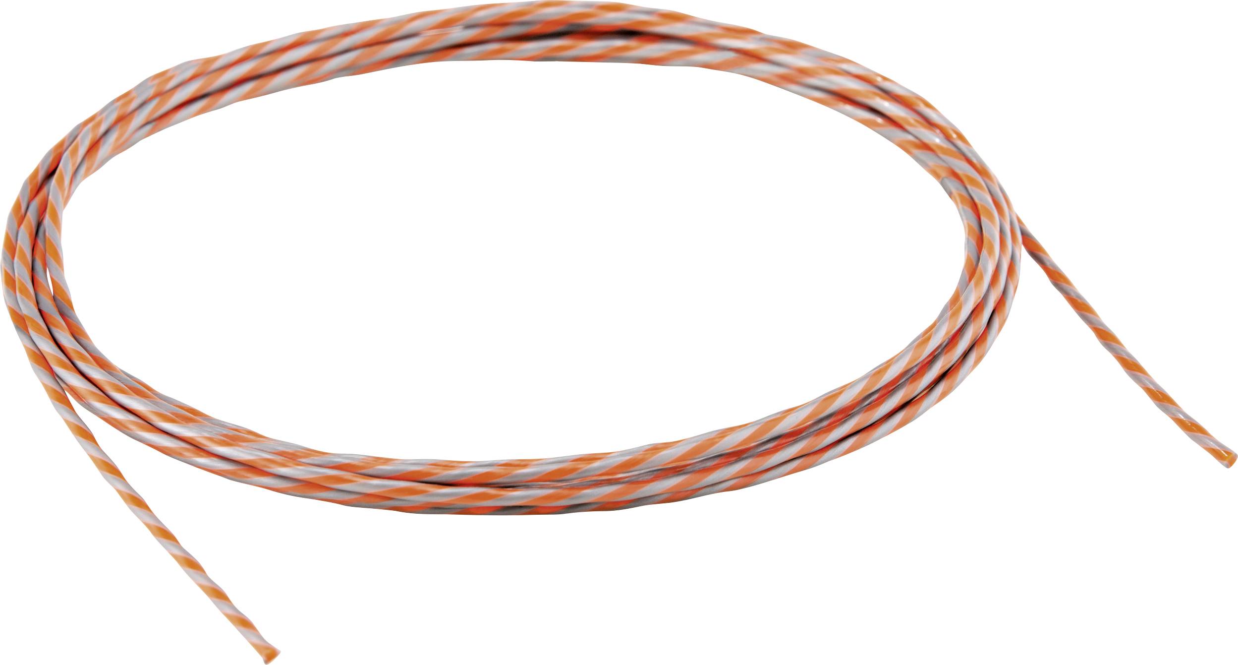A lengthened piece of red and white twisted cable, coiled in a circle.