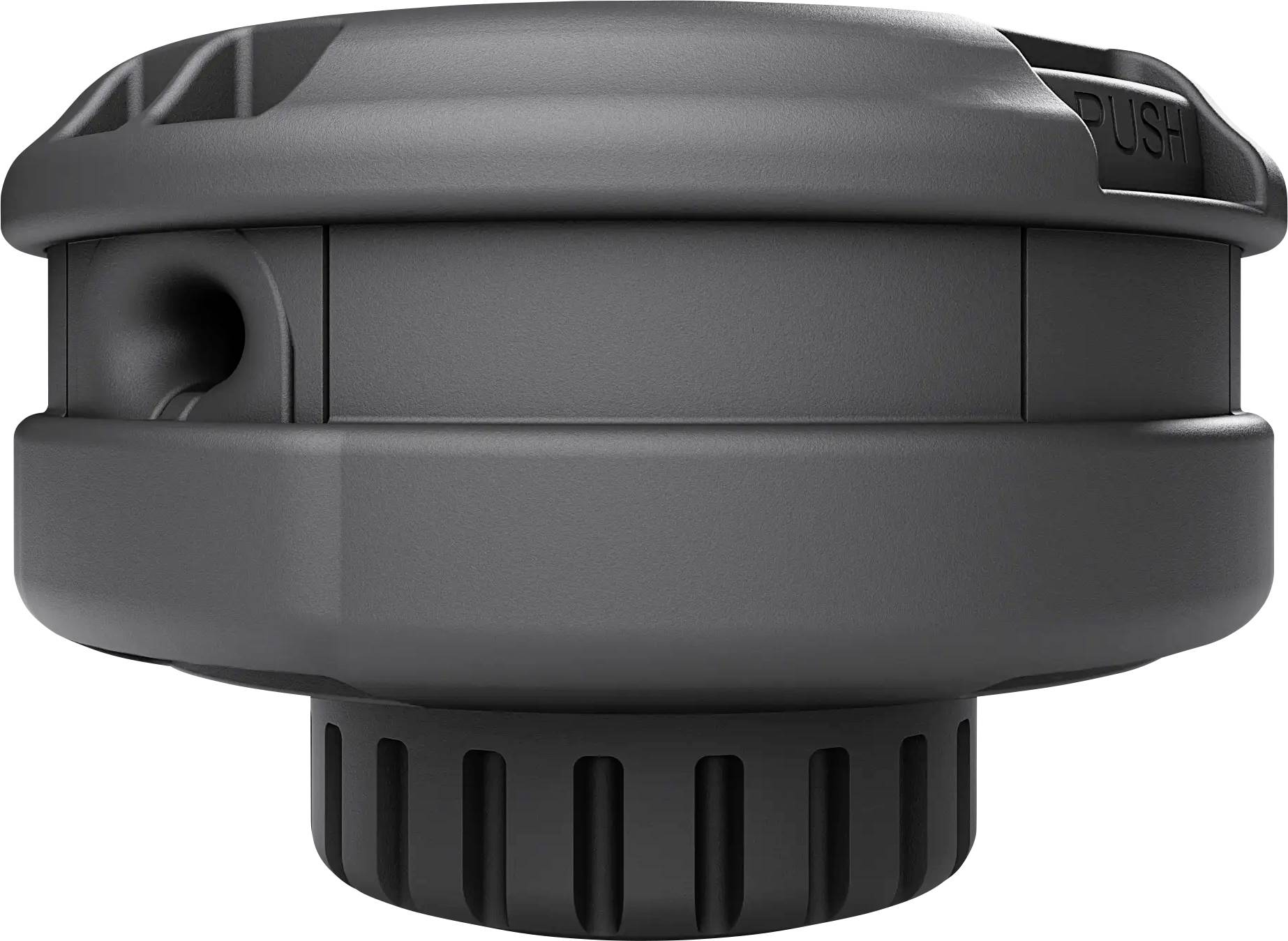 A grey, cylindrical lid with a ridged screw cap and a 'PUSH' print on the top surface, presumably for a container.