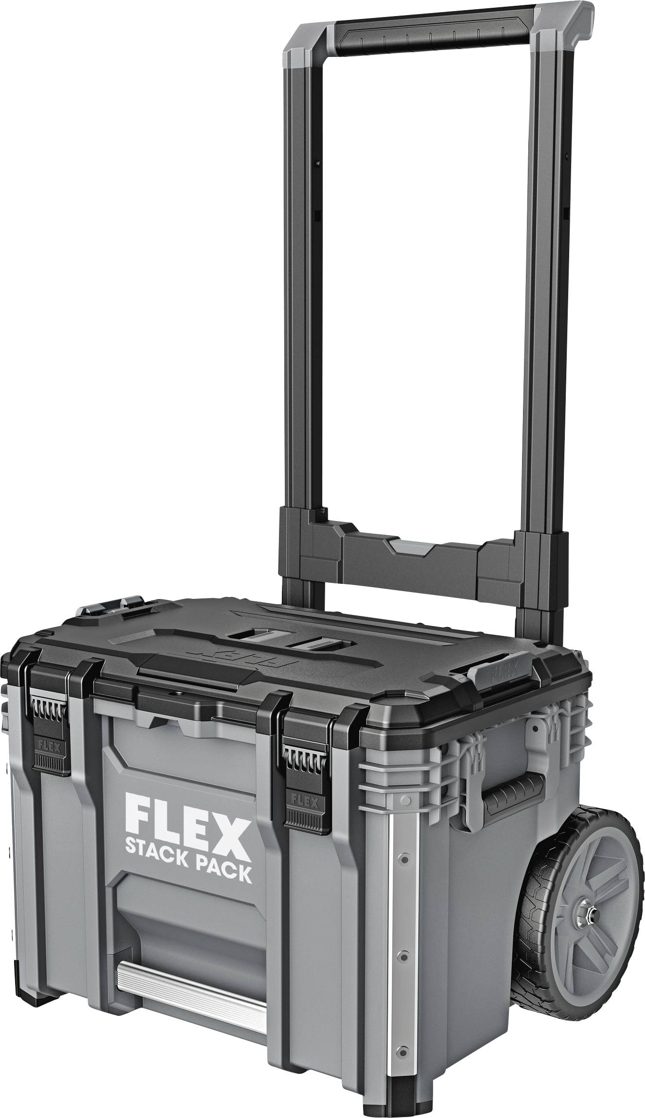 Grey tool case on wheels with telescopic handle, labelled 'FLEX STACK PACK', for conveniently transporting tools.