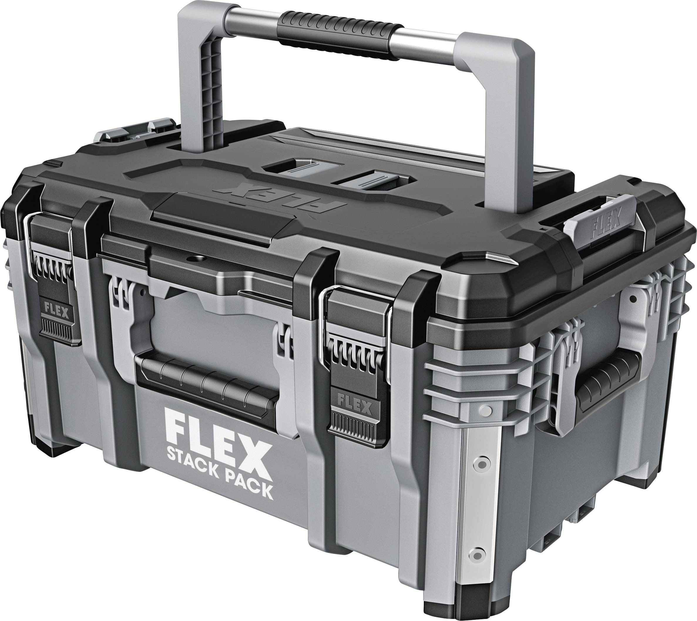 'FLEX STACK PACK' Tool Storage Case, grey-black, robust plastic, with handles and closure clips.