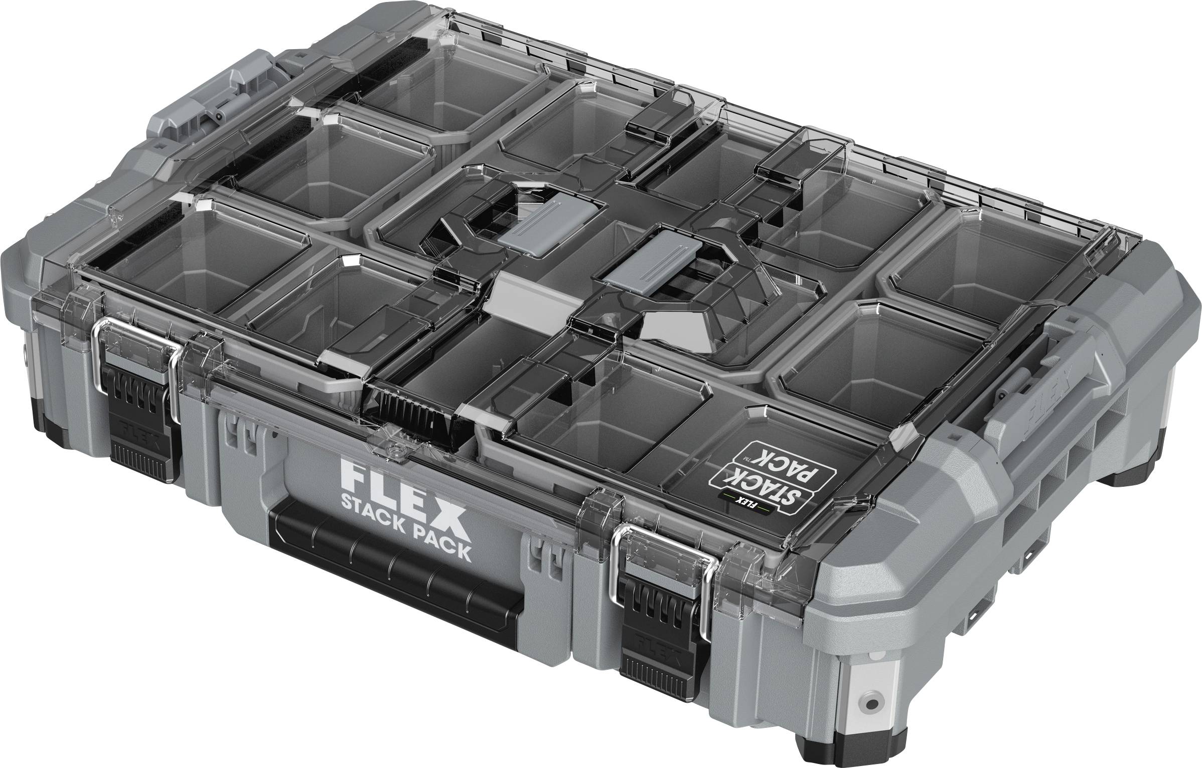 Transparent, robust tool box with multiple compartments for storage. Labelled 'FLEX STACK PACK'. Suitable for tools.